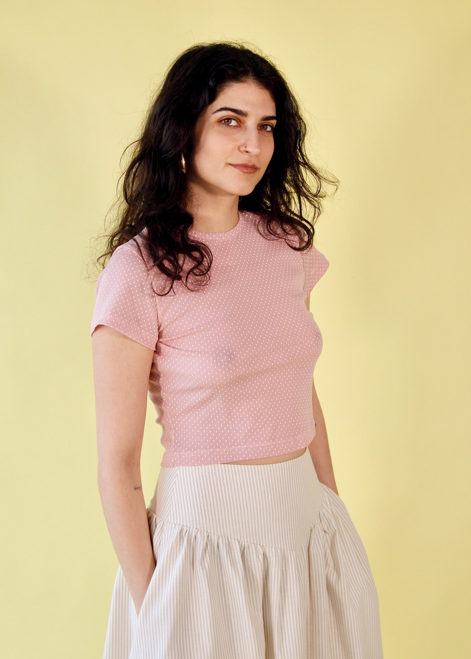 Studio Citizen Studio Citizen Baby Tee in Pink Mesh with White Polka-dots