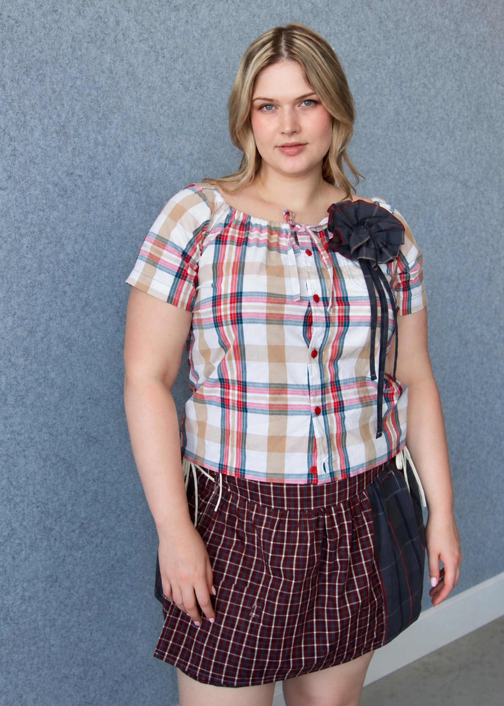 Studio Citizen Upcycyled Back to School Skirt - Burgundy + Navy  Plaid - L