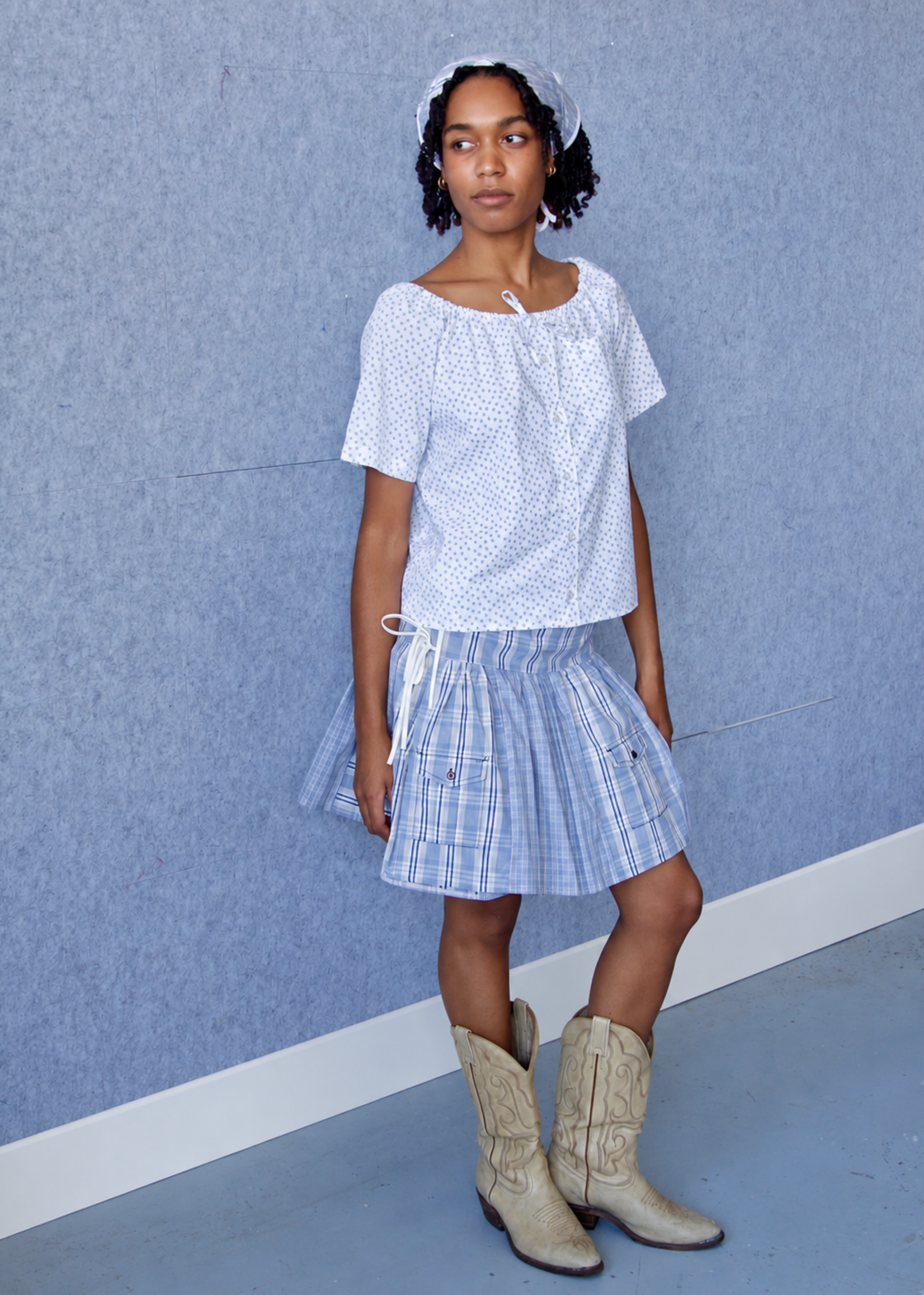 Studio Citizen Upcycyled Back to School Skirt - Blue + Beige Plaid - S