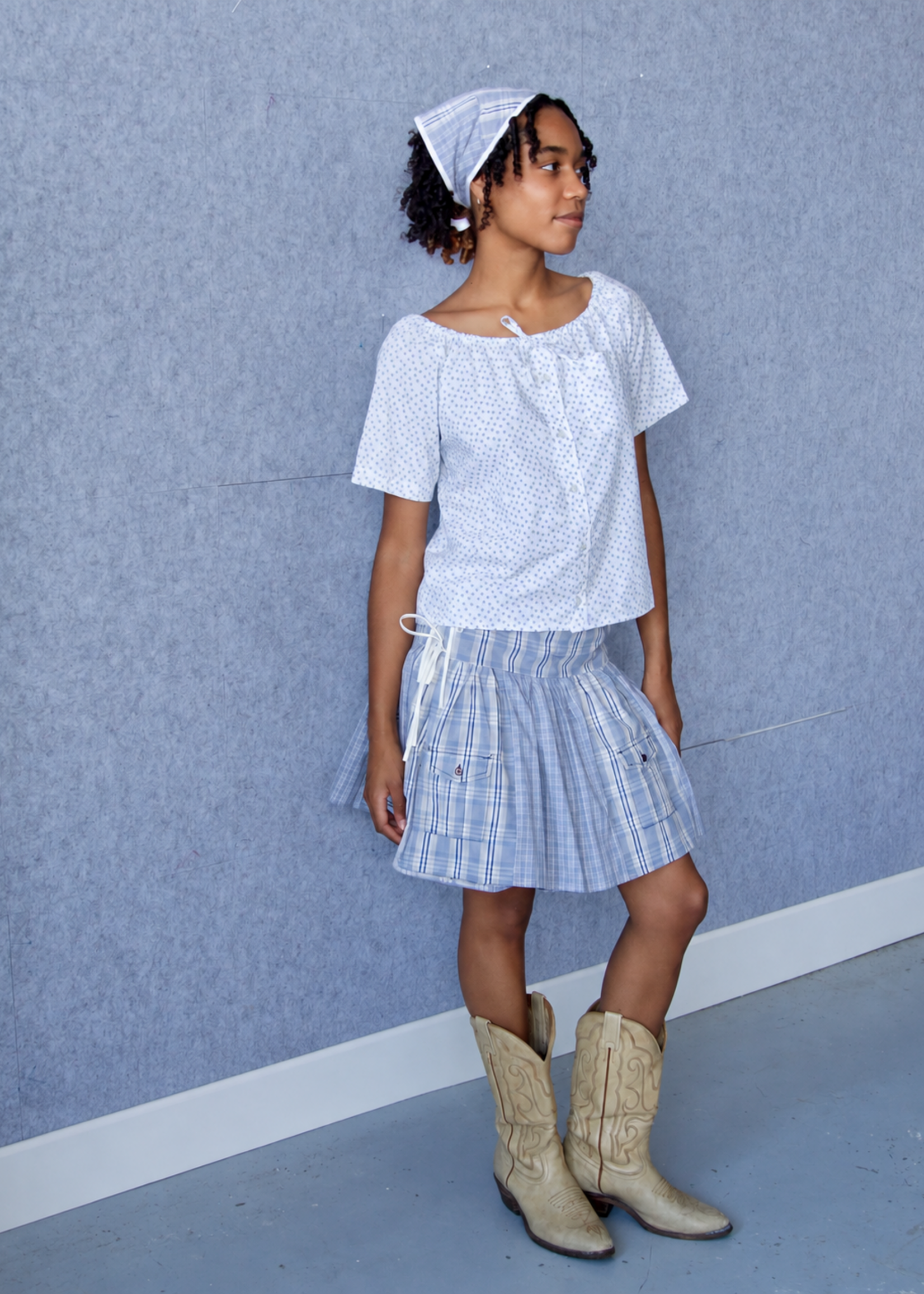 Studio Citizen Upcycyled Back to School Skirt - Blue + Beige Plaid - S