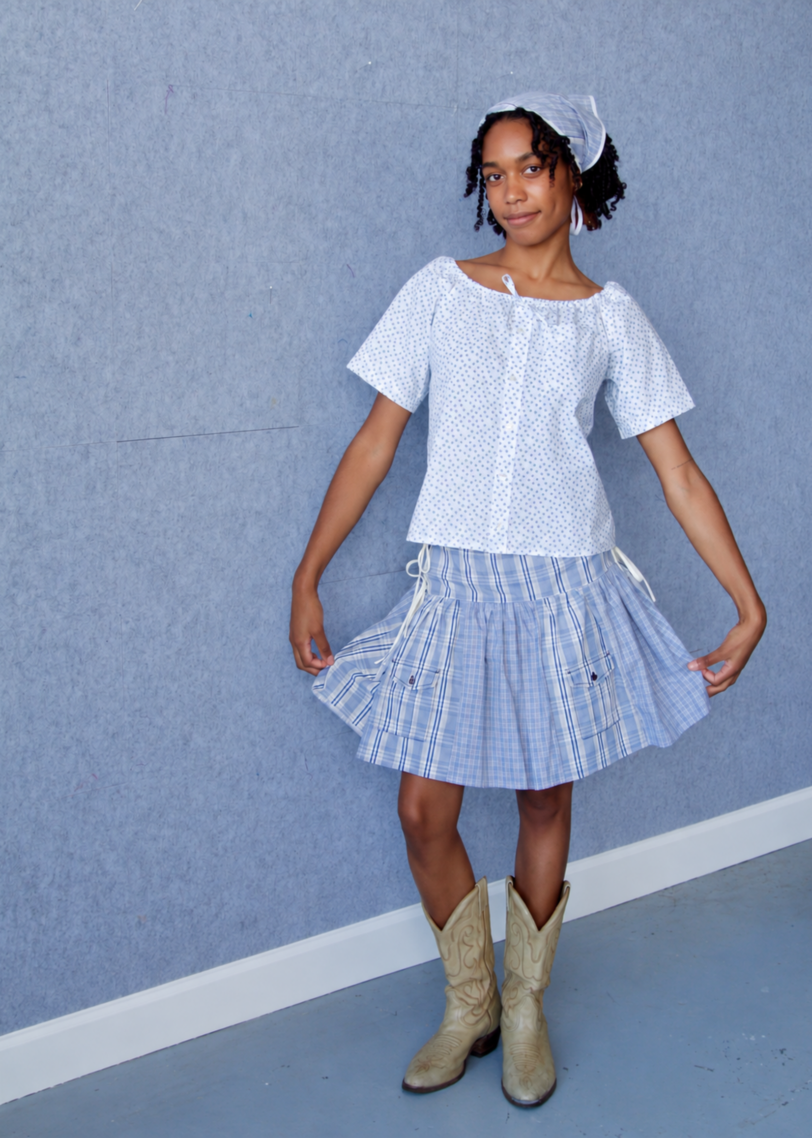 Studio Citizen Upcycyled Back to School Skirt - Blue + Beige Plaid - S
