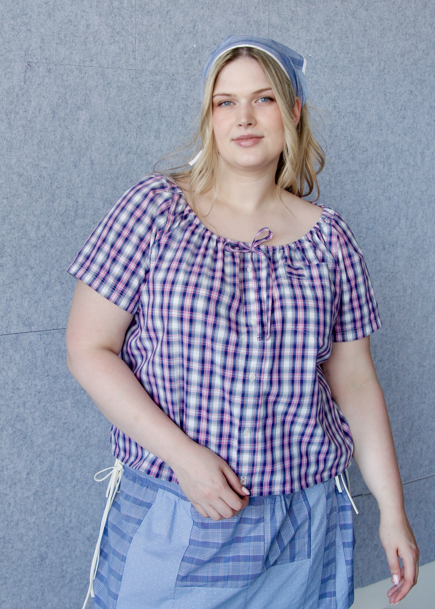 Studio Citizen Upcycyled Back to School Top -Pink + Blue Plaid XXL
