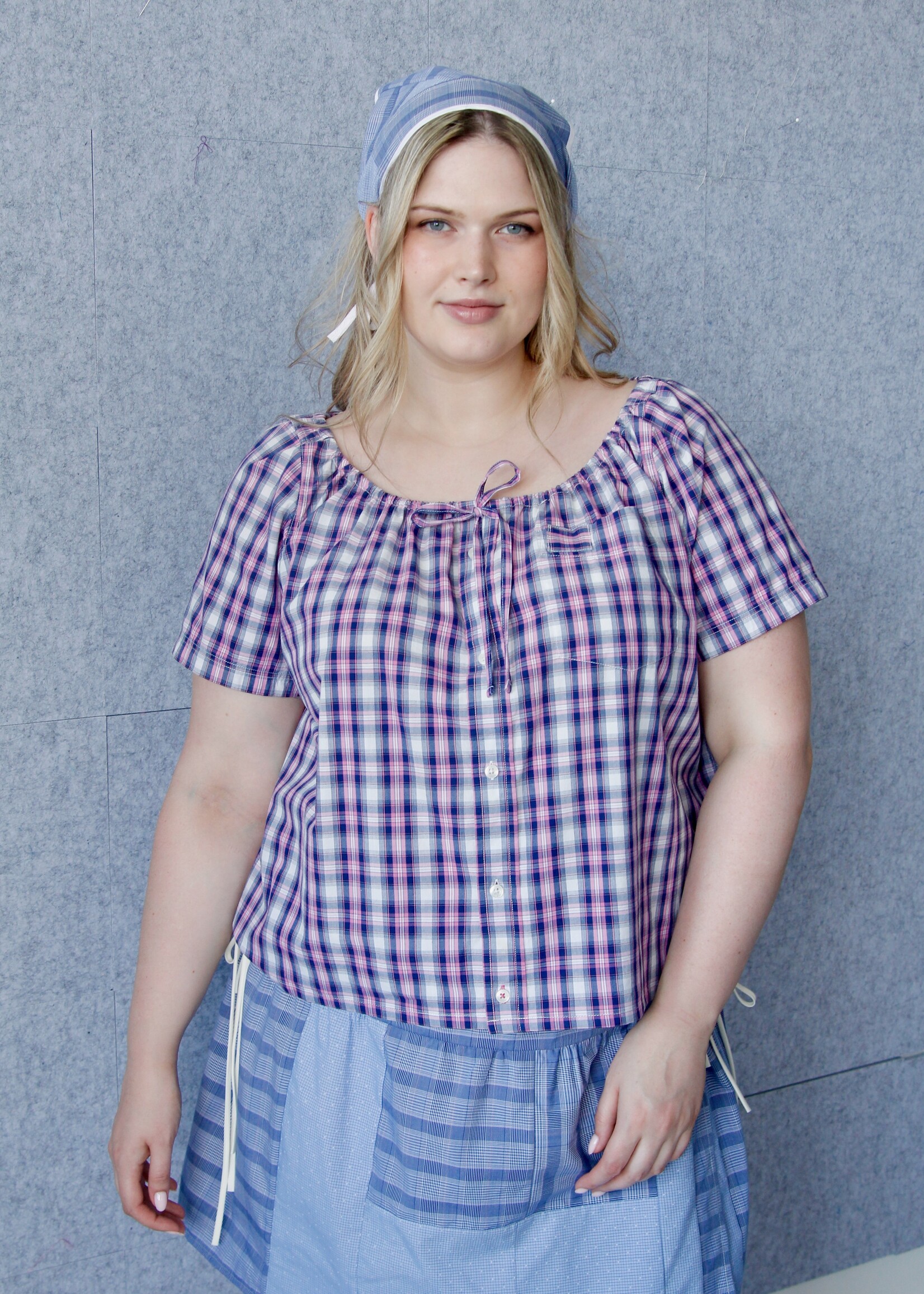 Studio Citizen Upcycyled Back to School Top -Pink + Blue Plaid XXL