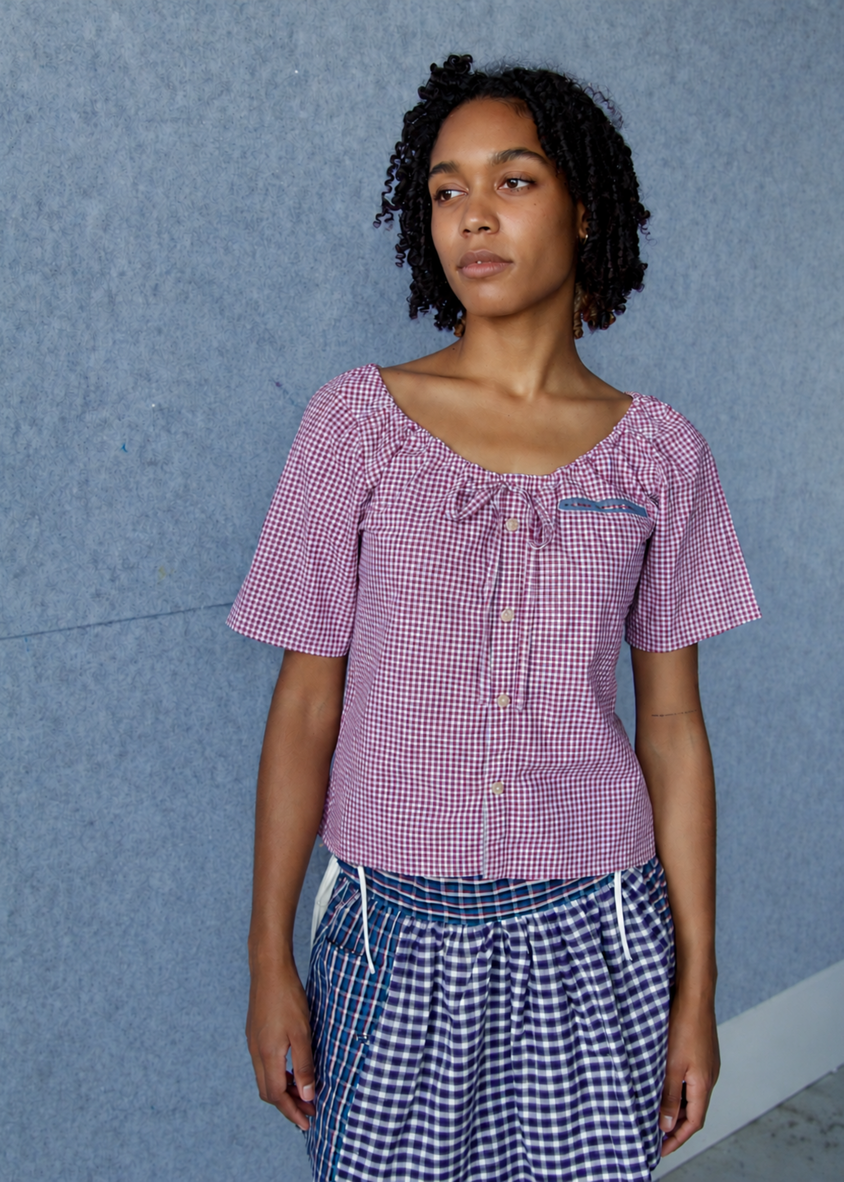Studio Citizen Upcycyled Back to School Top -Plum Gingham - XS