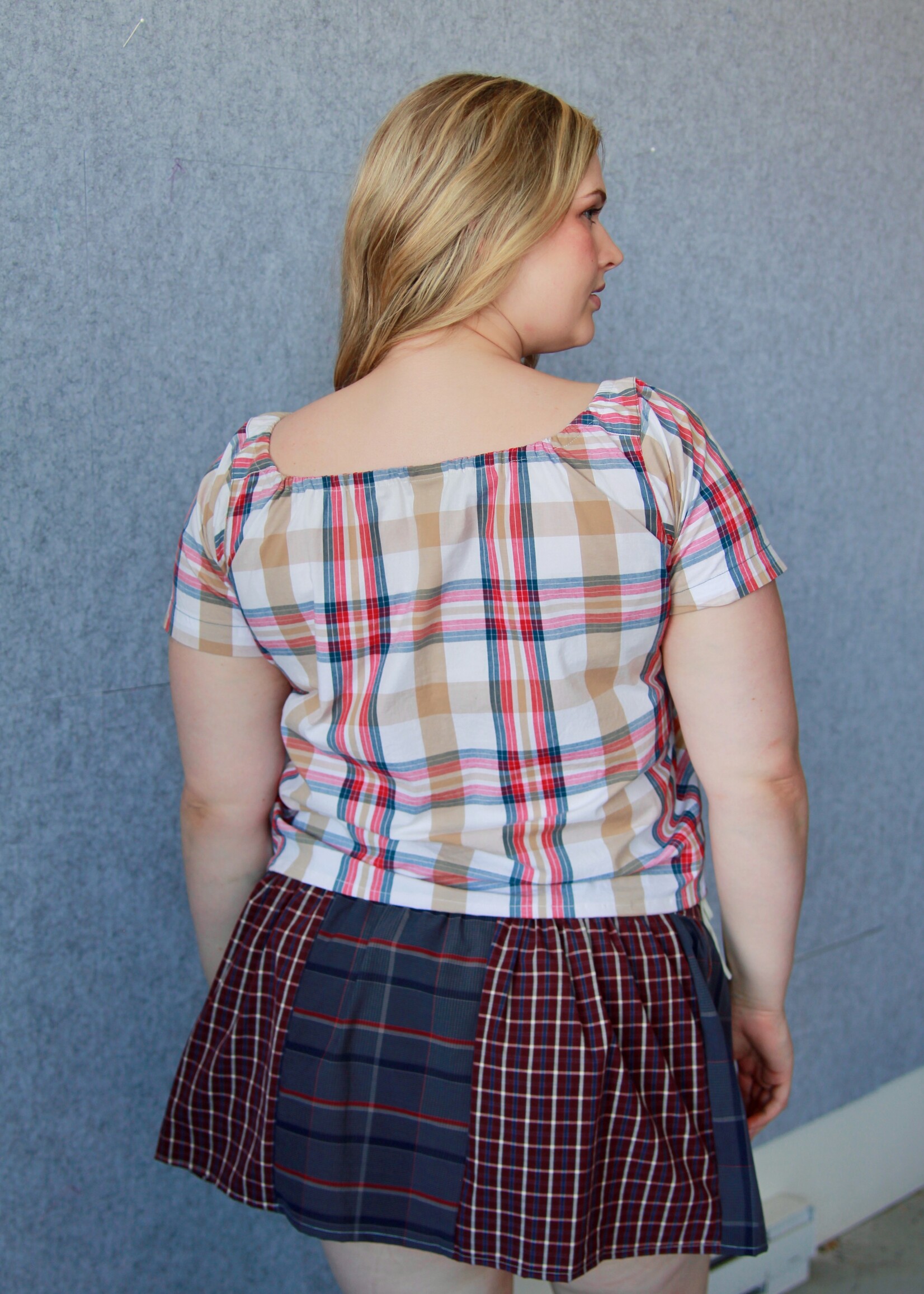 Studio Citizen Upcycyled Back to School Top - Beige + Red Plaid - L