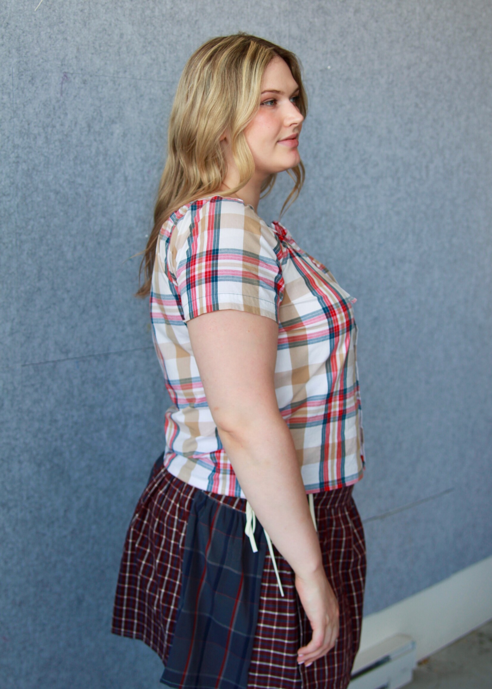Studio Citizen Upcycyled Back to School Top - Beige + Red Plaid - L