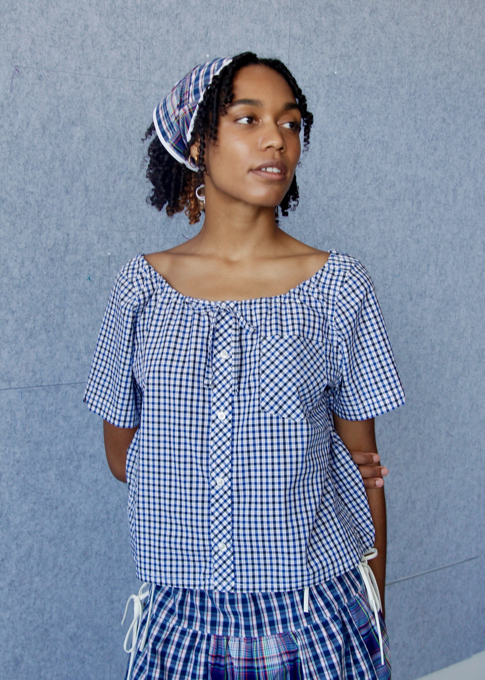 Studio Citizen Upcycyled Back to School Top - Blue + Black Plaid - M