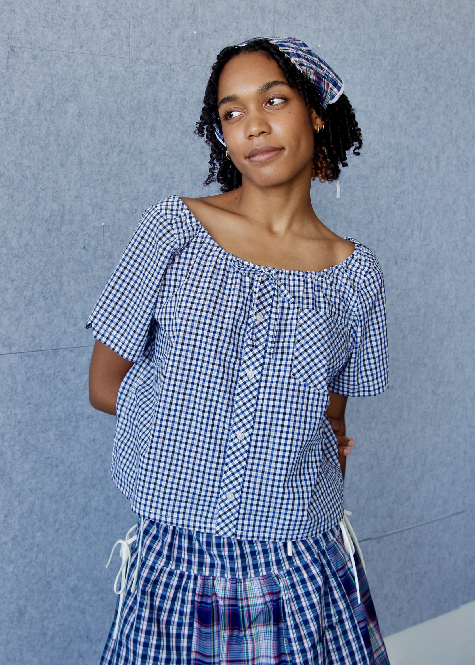 Studio Citizen Upcycyled Back to School Top - Blue + Black Plaid - M