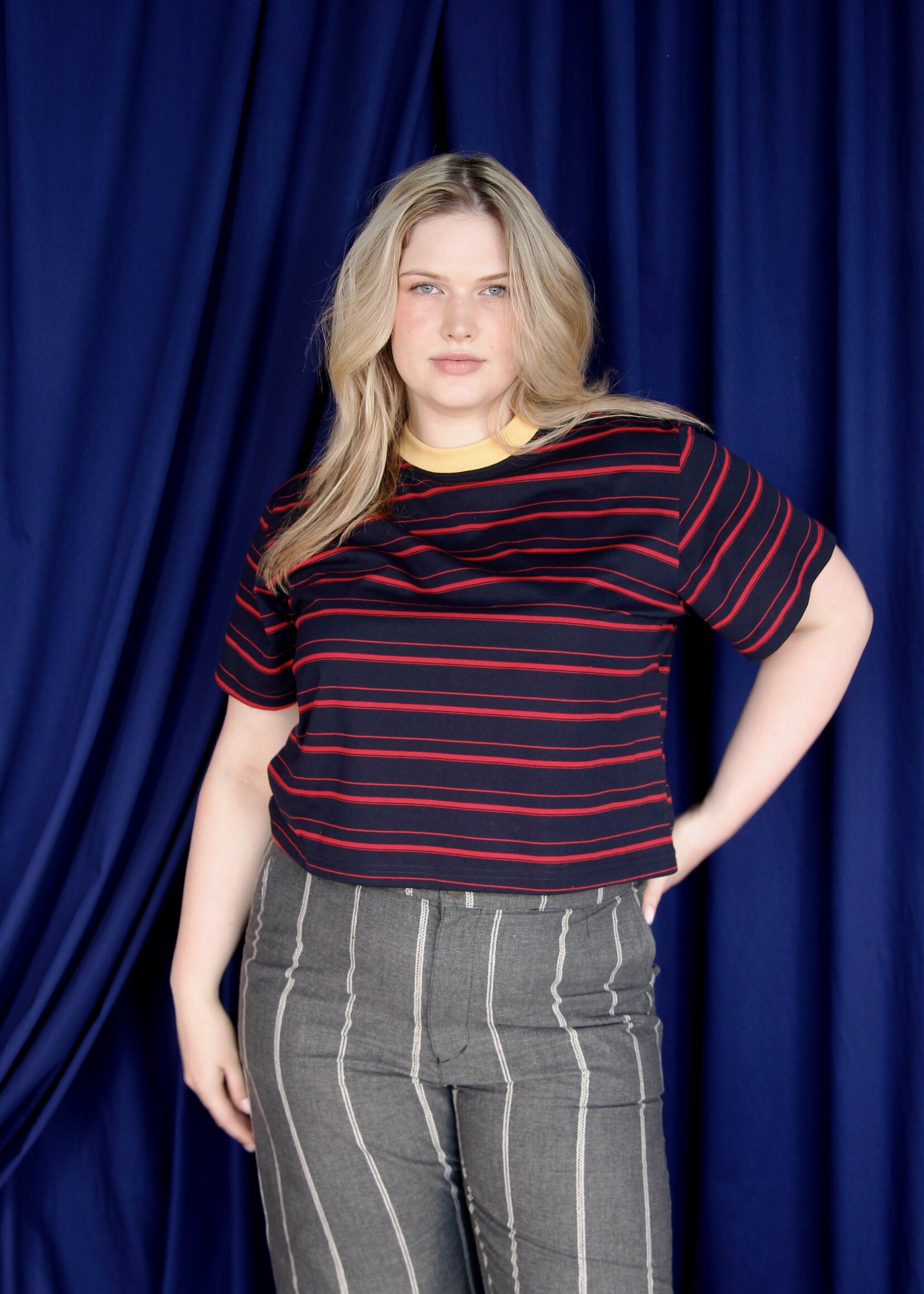 Studio Citizen Studio Citizen Perfect Tee in Navy and Red Stripe with Yellow Rib
