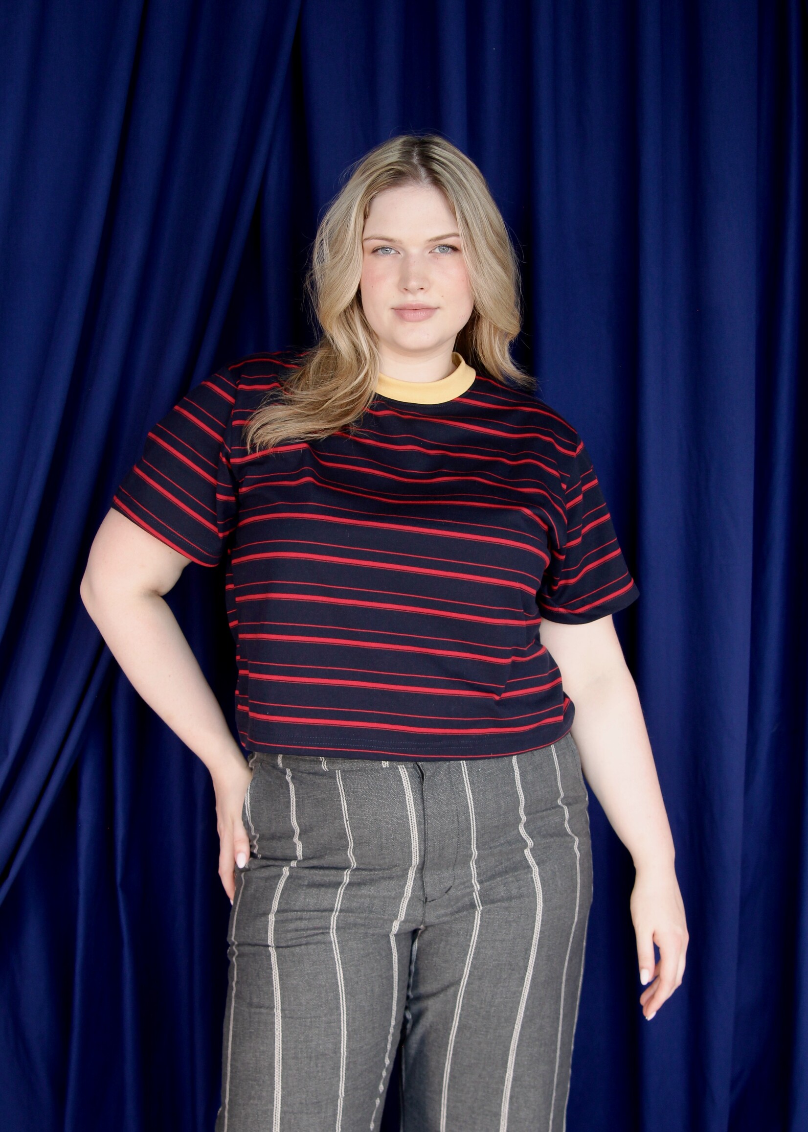 Studio Citizen Studio Citizen Perfect Tee in Navy and Red Stripe with Yellow Rib