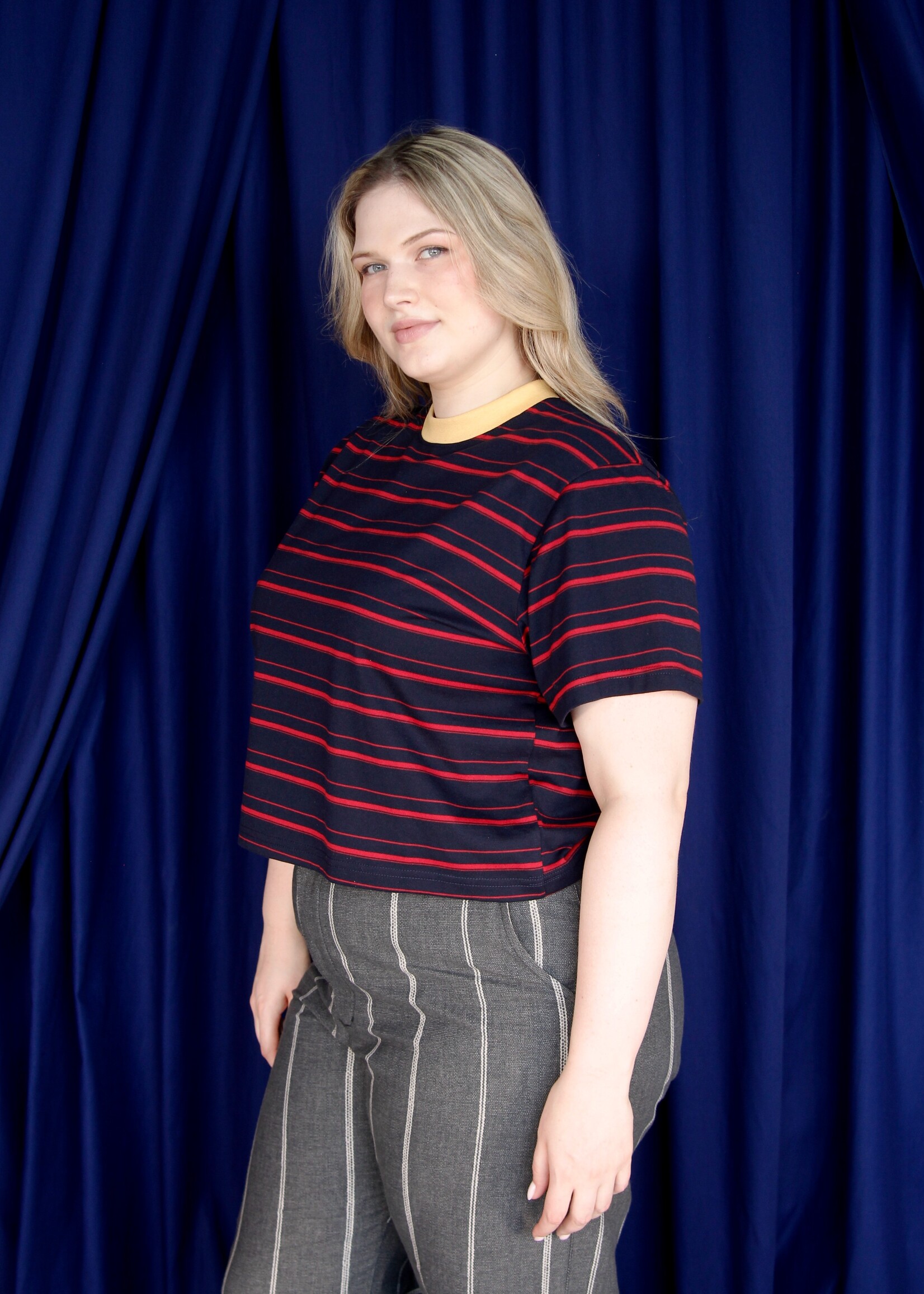 Studio Citizen Studio Citizen Perfect Tee in Navy and Red Stripe with Yellow Rib