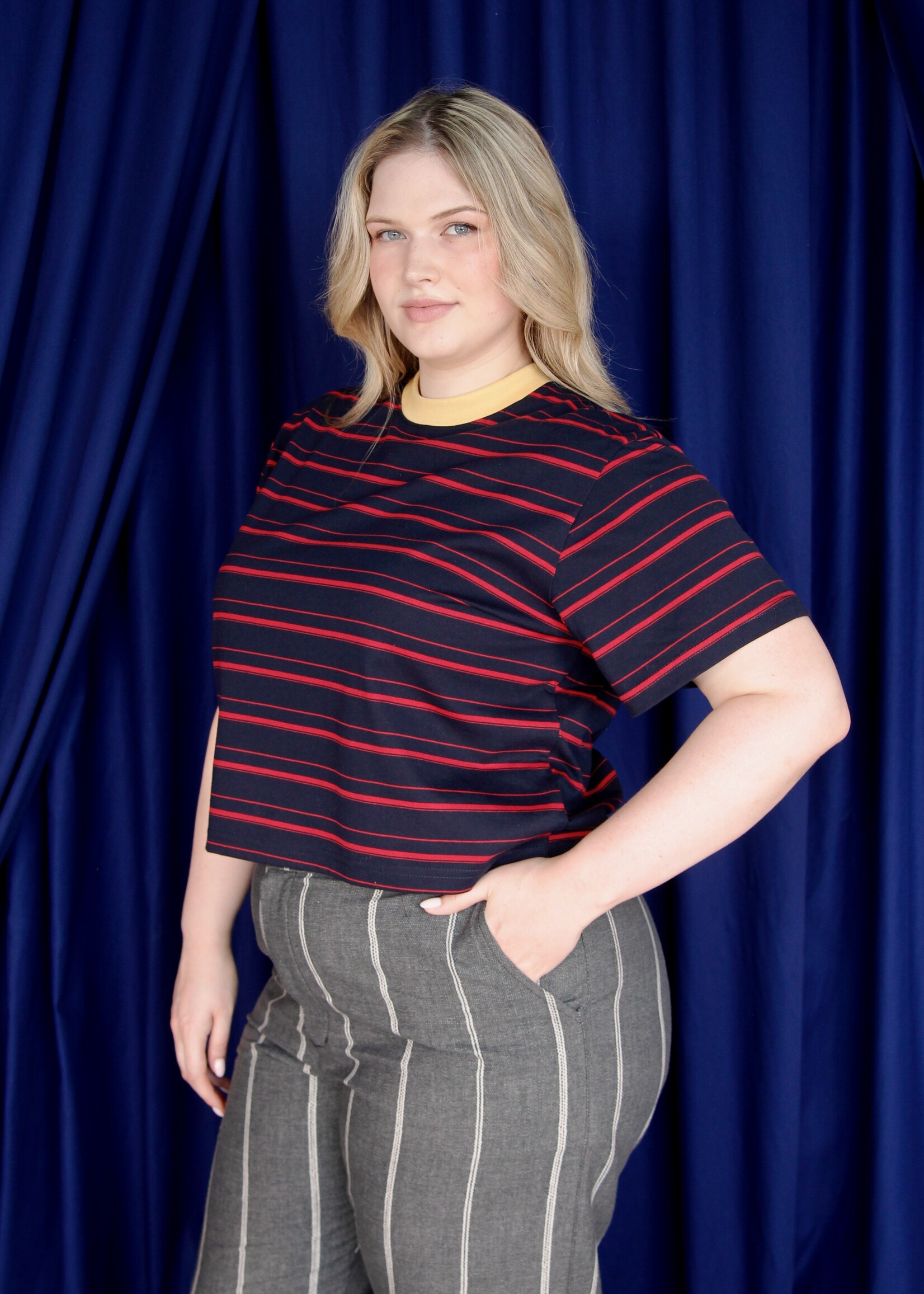 Studio Citizen Studio Citizen Perfect Tee in Navy and Red Stripe with Yellow Rib