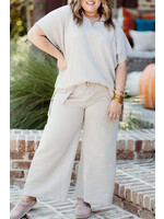 Beige Plus Size Textured Collared Top and Pants Set