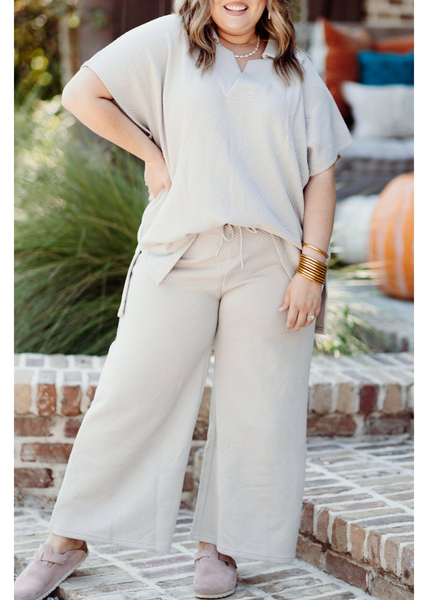 Beige Plus Size Textured Collared Top and Pants Set