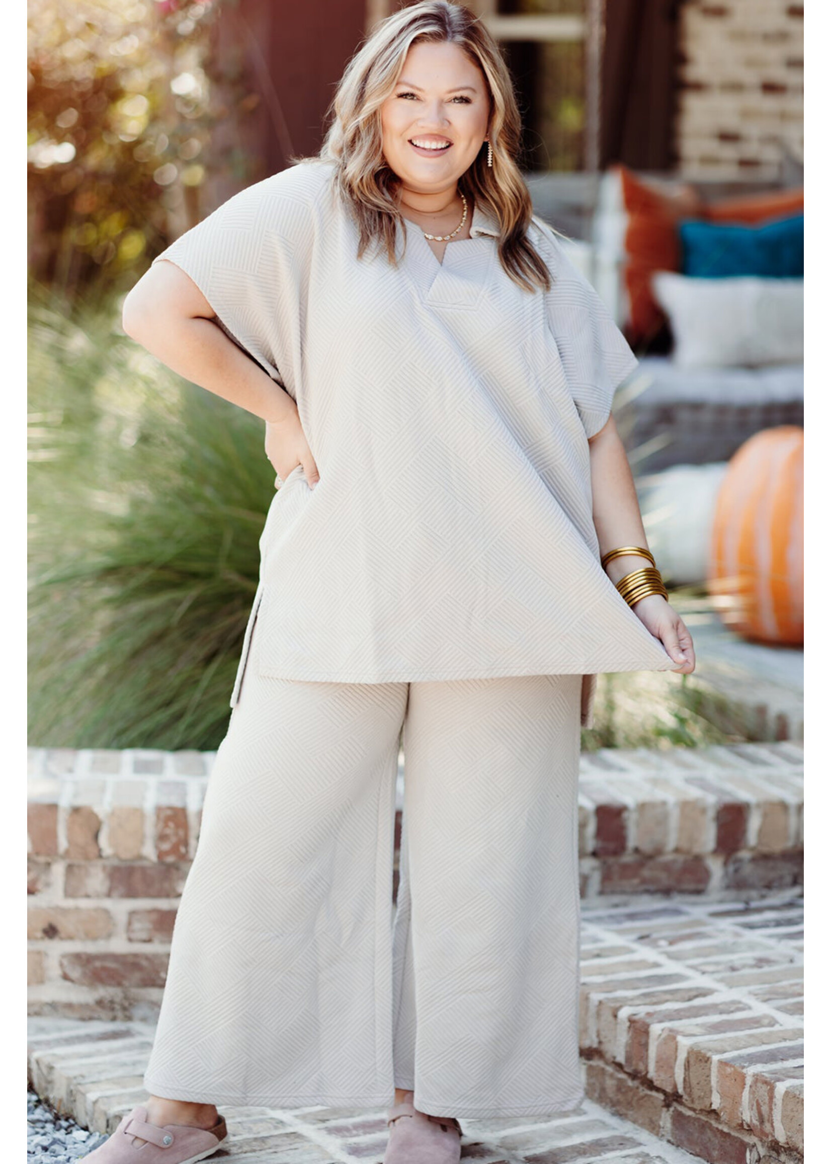 Beige Plus Size Textured Collared Top and Pants Set