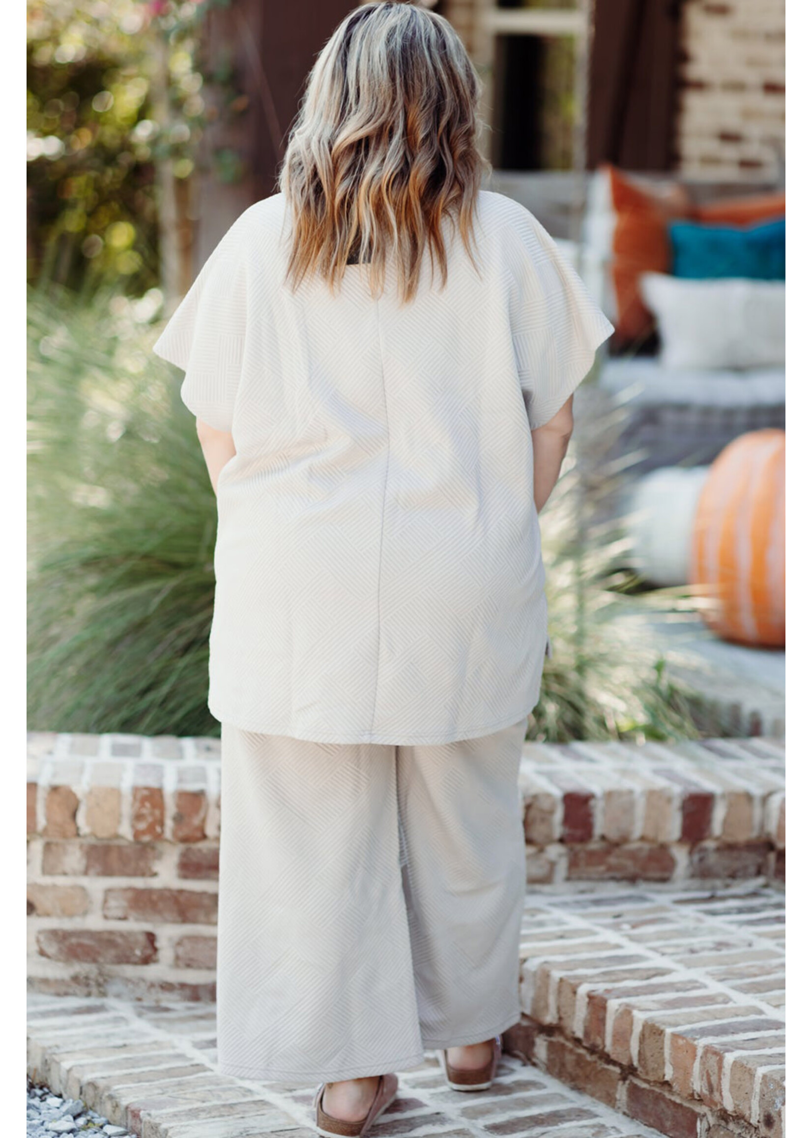 Beige Plus Size Textured Collared Top and Pants Set