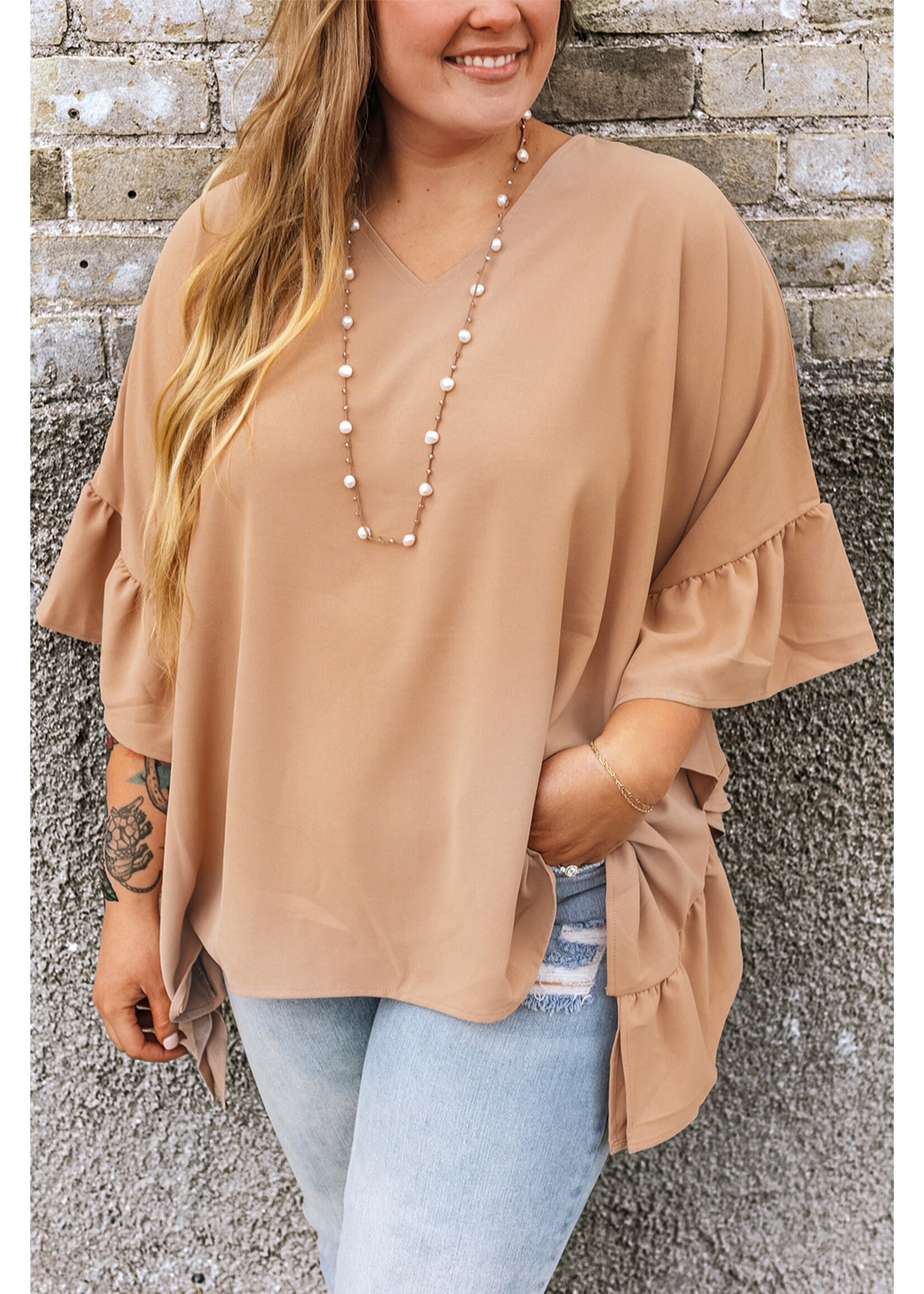 Ruffled Batwing Sleeve V Neck Blouse