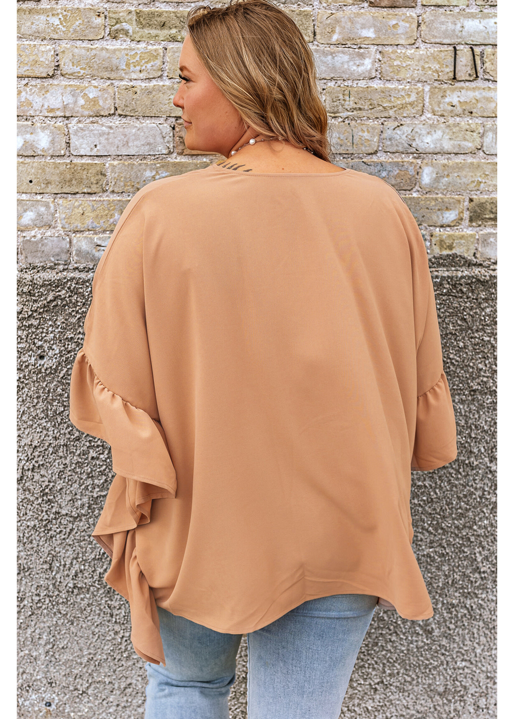 Ruffled Batwing Sleeve V Neck Blouse