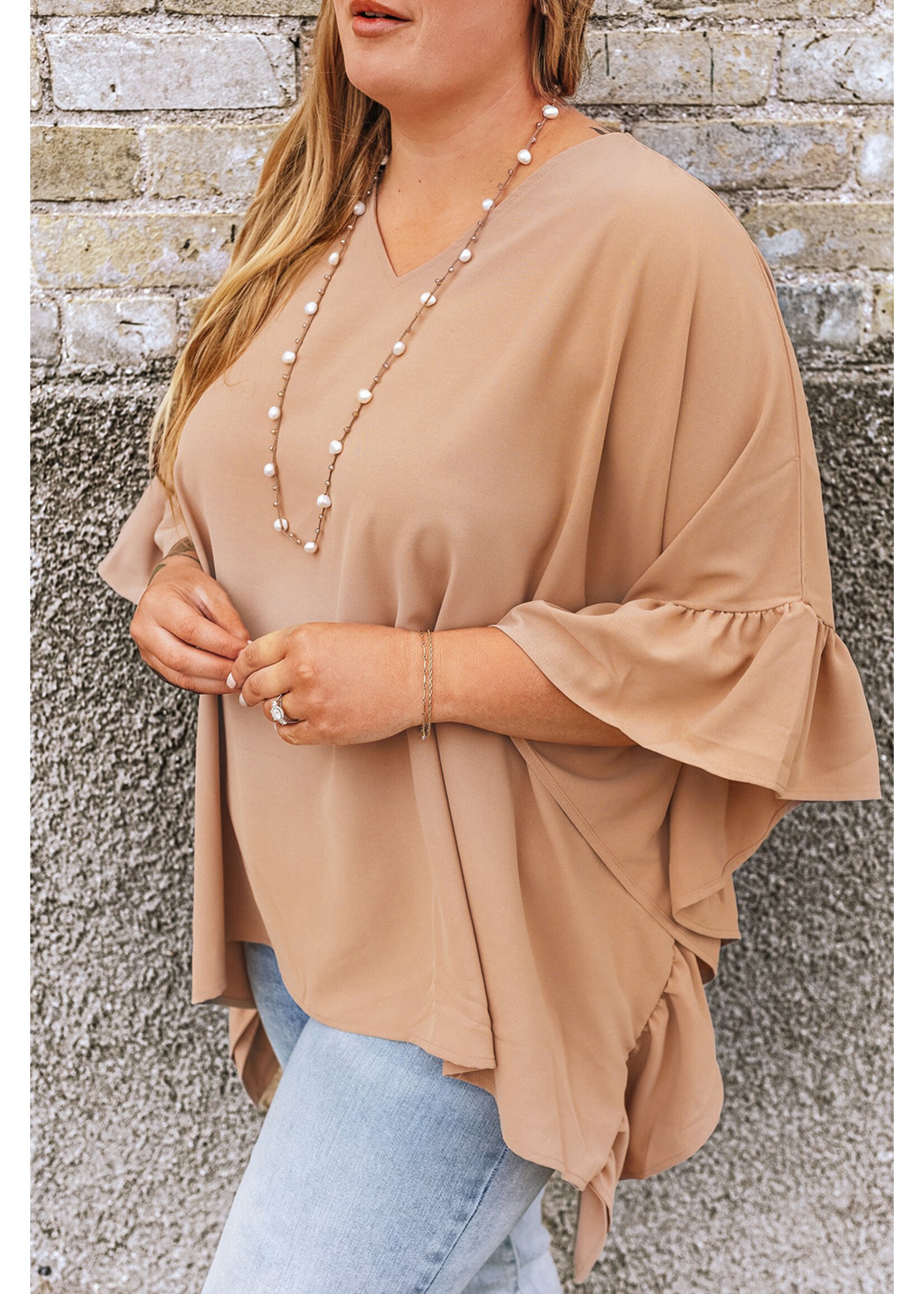 Ruffled Batwing Sleeve V Neck Blouse