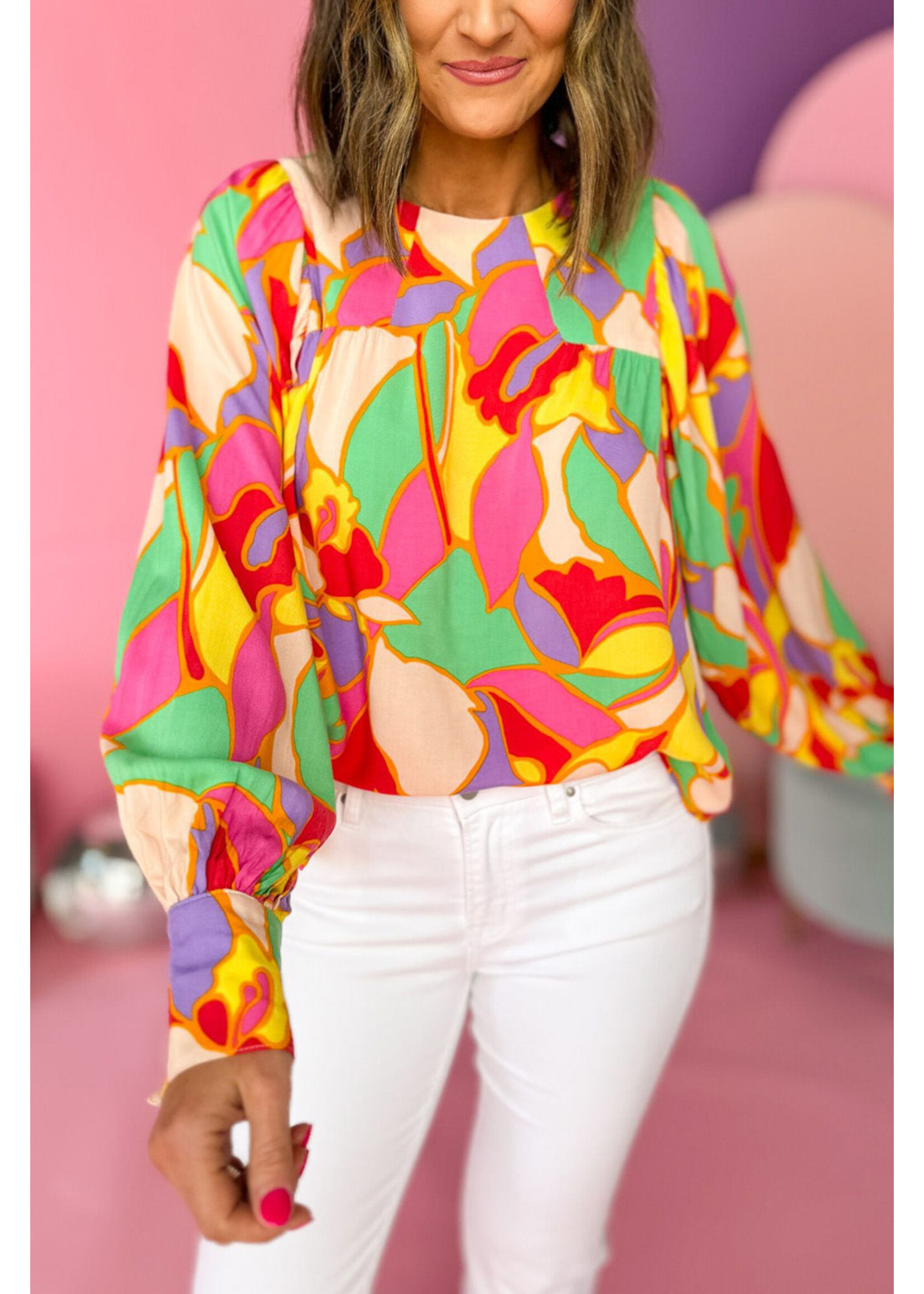 Yellow Abstract Print Puff Sleeve Blouse