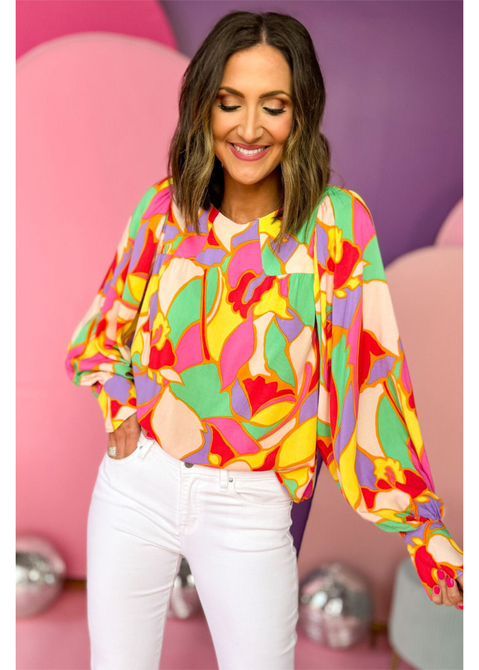 Yellow Abstract Print Puff Sleeve Blouse