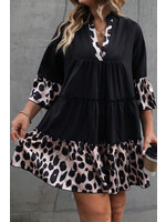 Leopard Patchwork Split Neck Ruffle Curvy Dress