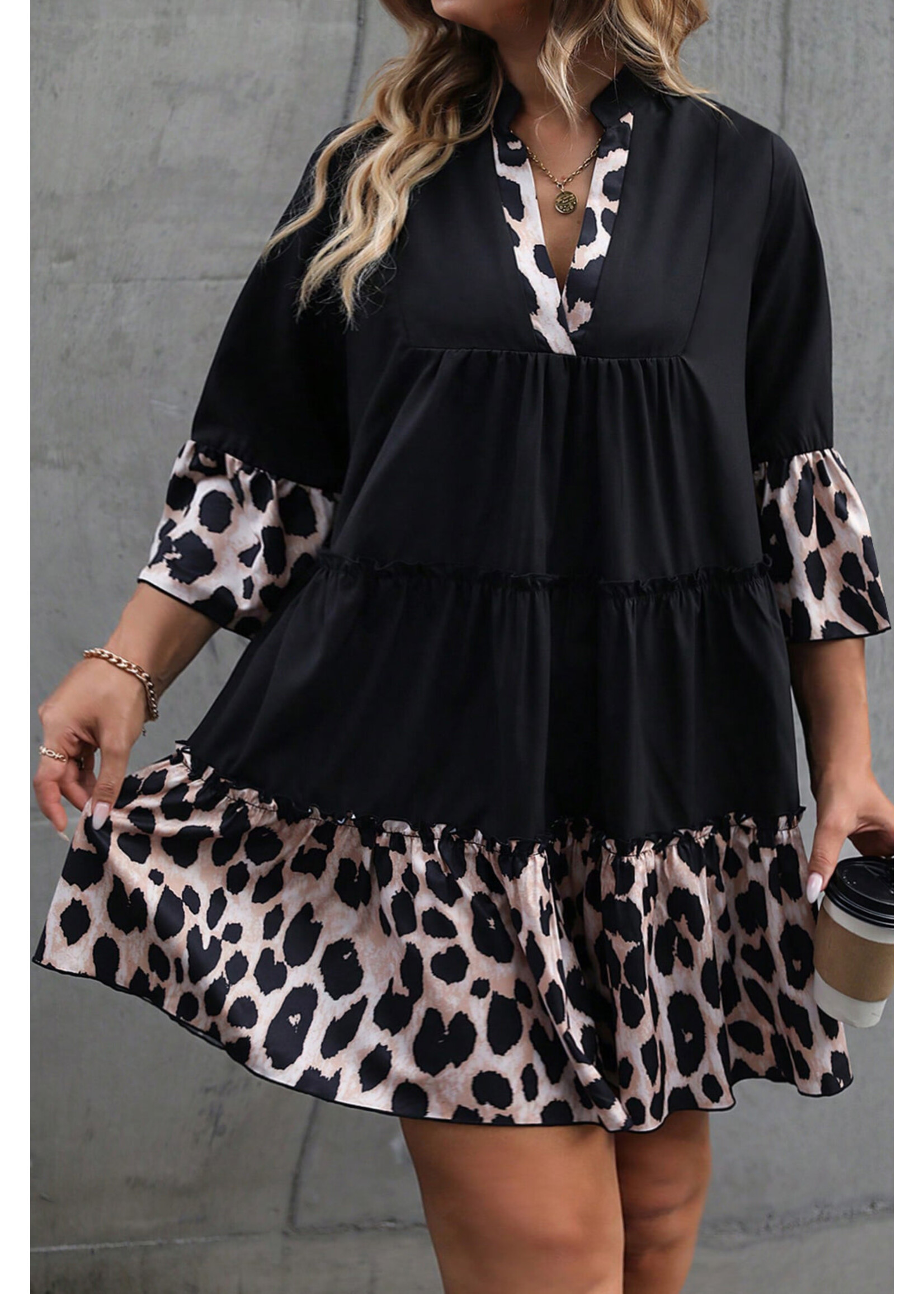 Leopard Patchwork Split Neck Ruffle Curvy Dress