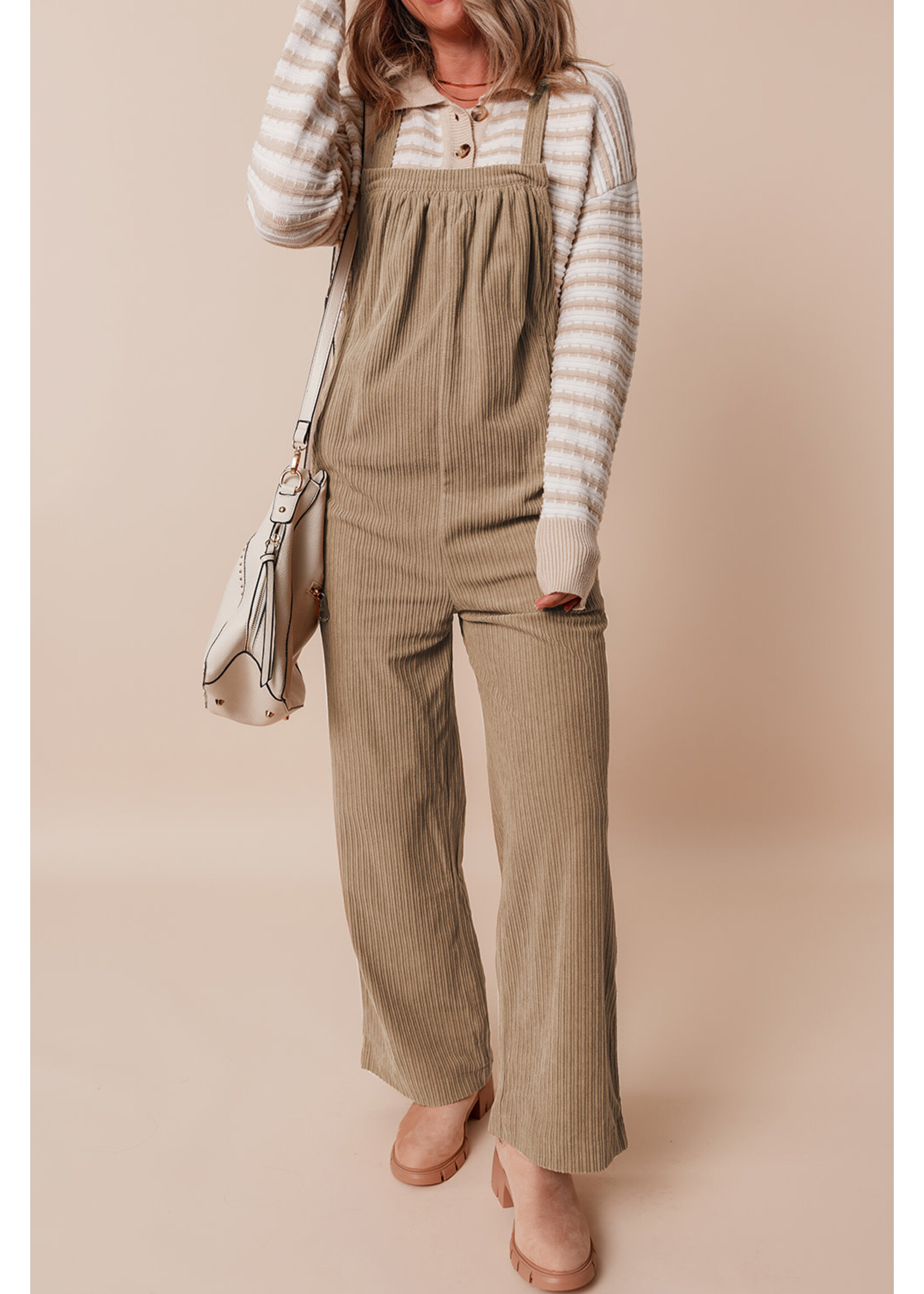 Gray Morn Solid Pocketed Loose Fit Corduroy Overall