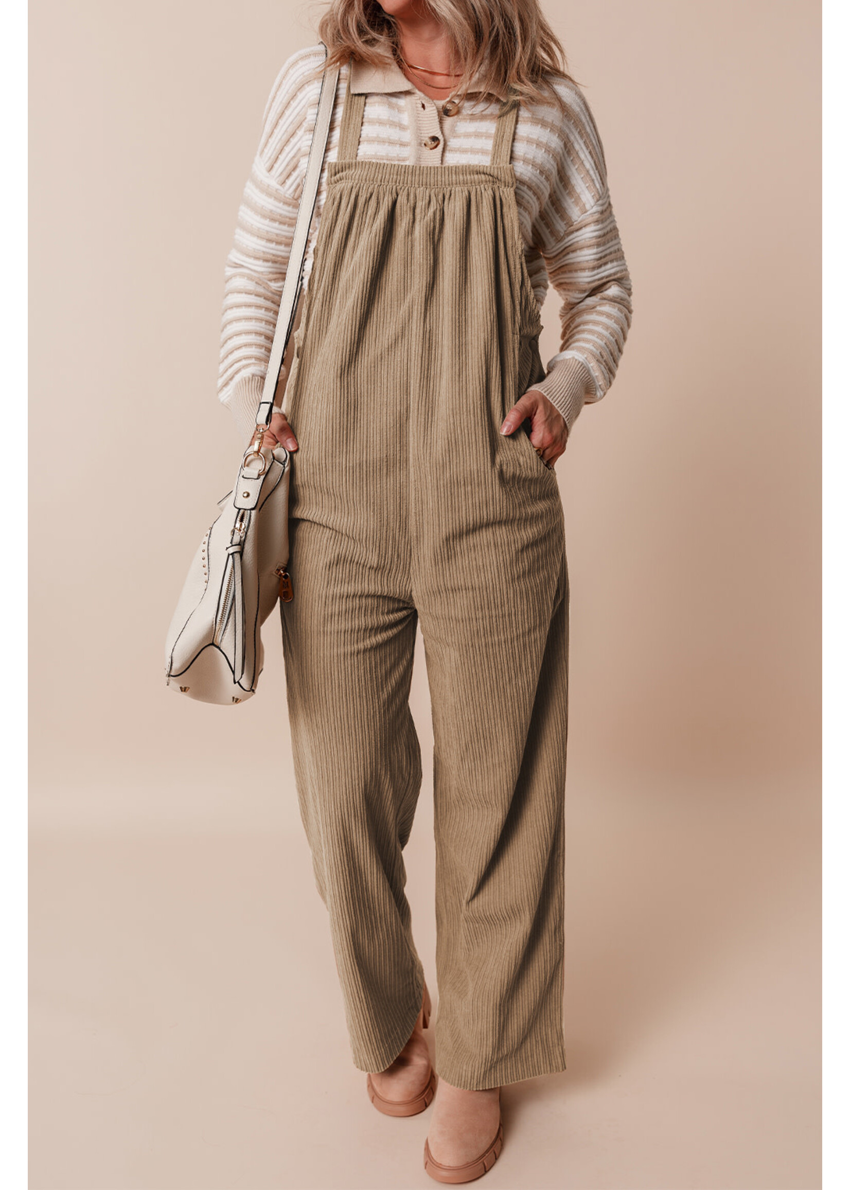 Gray Morn Solid Pocketed Loose Fit Corduroy Overall