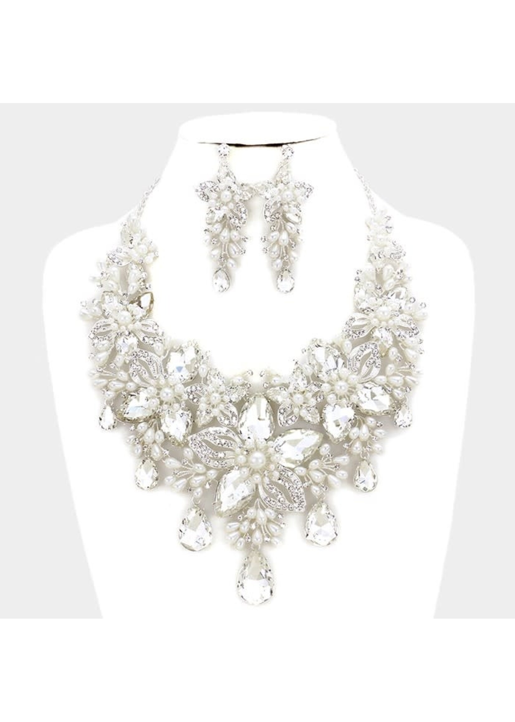 Crystal Pearl Flower Vine Evening Necklace