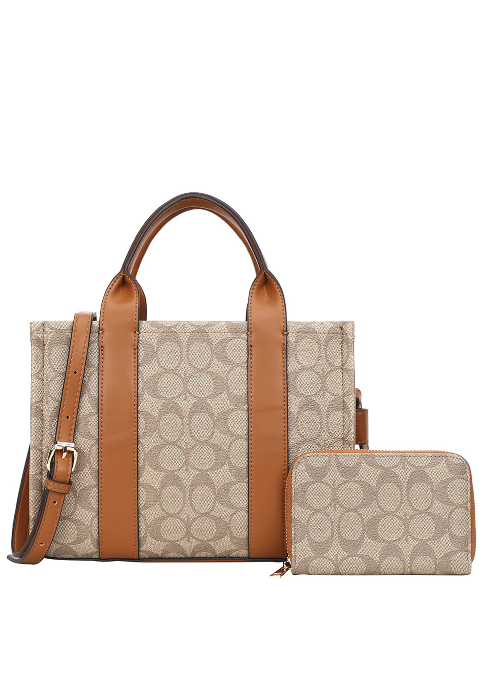 2IN1 OVAL PATTERN TONE SATCHEL BAG WITH WALLET SET