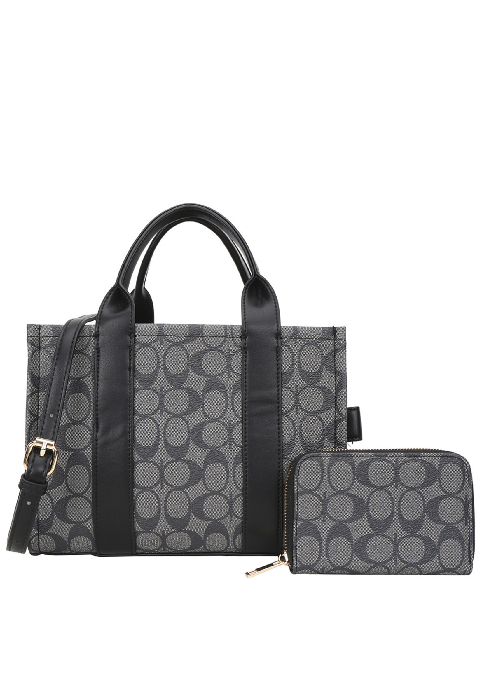 2IN1 OVAL PATTERN TONE SATCHEL BAG WITH WALLET SET