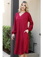 SOLID V-NECK LONG SLEEVE DOLPHIN HEM DRESS