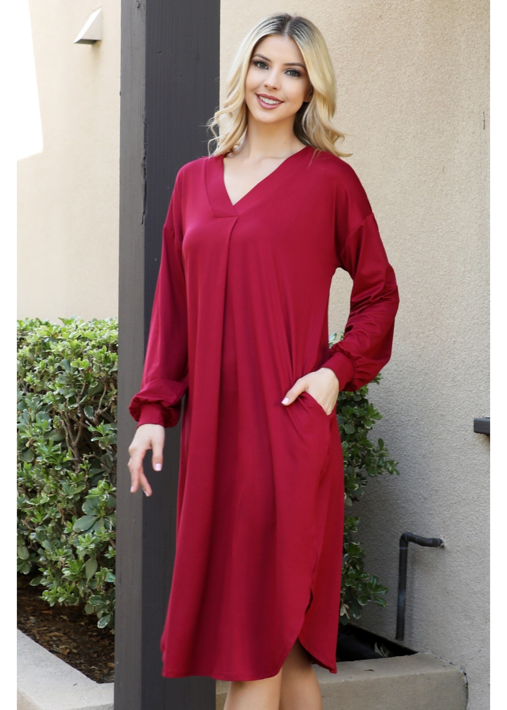 SOLID V-NECK LONG SLEEVE DOLPHIN HEM DRESS