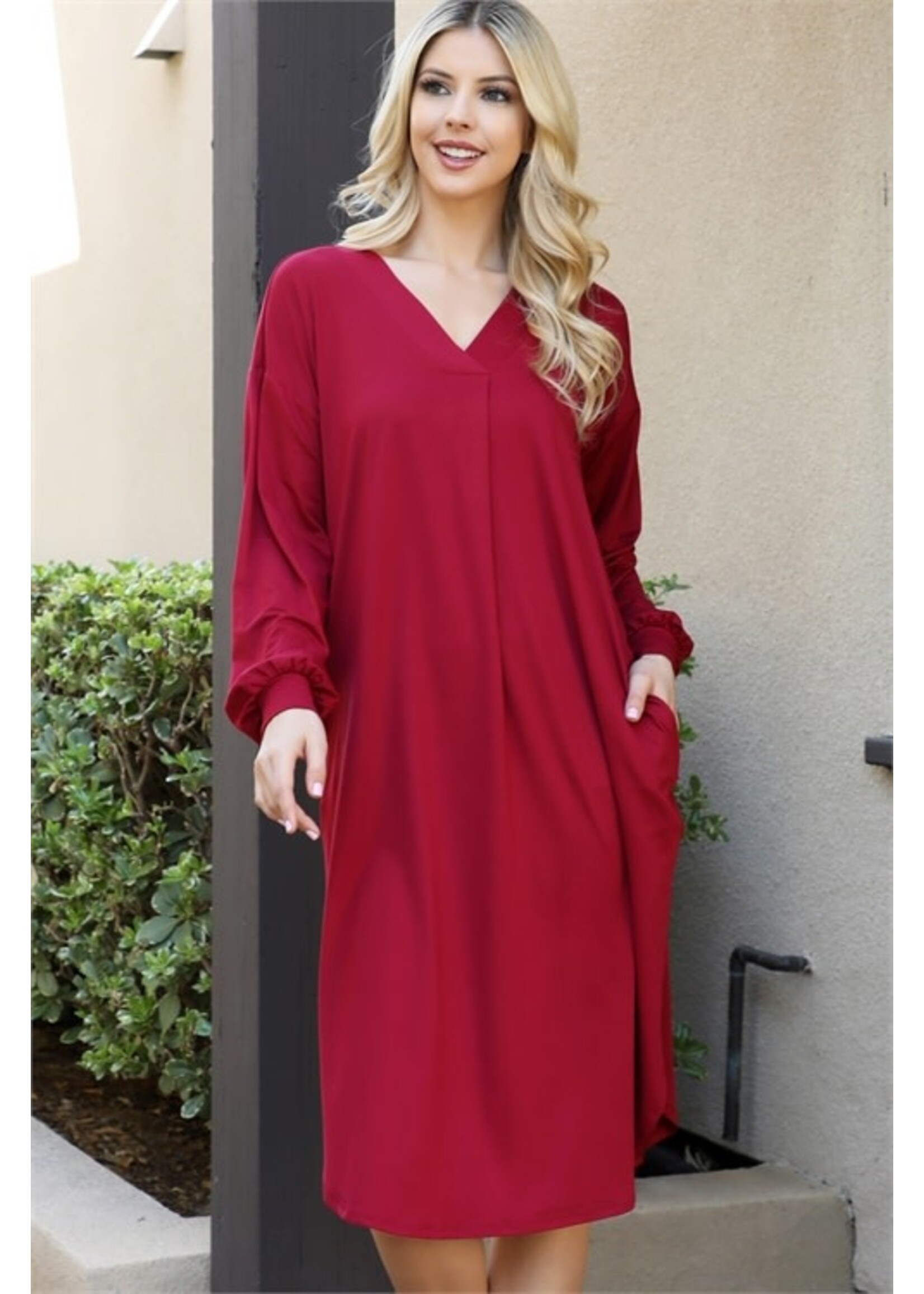 SOLID V-NECK LONG SLEEVE DOLPHIN HEM DRESS