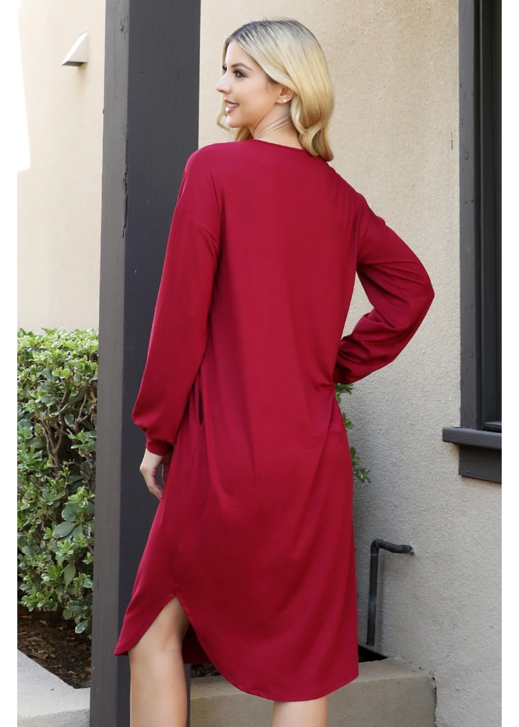 SOLID V-NECK LONG SLEEVE DOLPHIN HEM DRESS