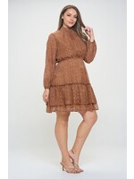 BROWN PRINTED LONG SLEEVE DRESS