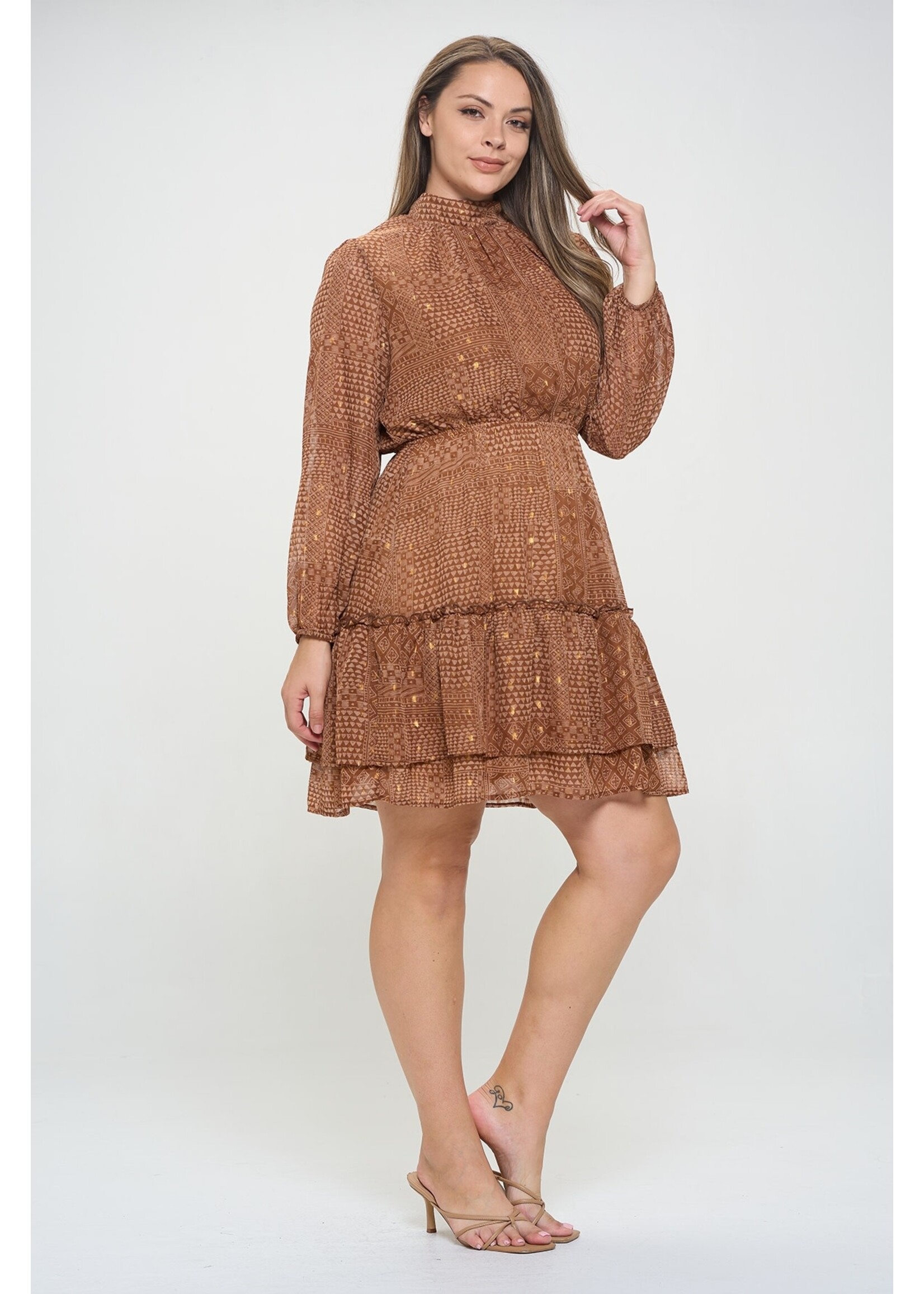 BROWN PRINTED LONG SLEEVE DRESS