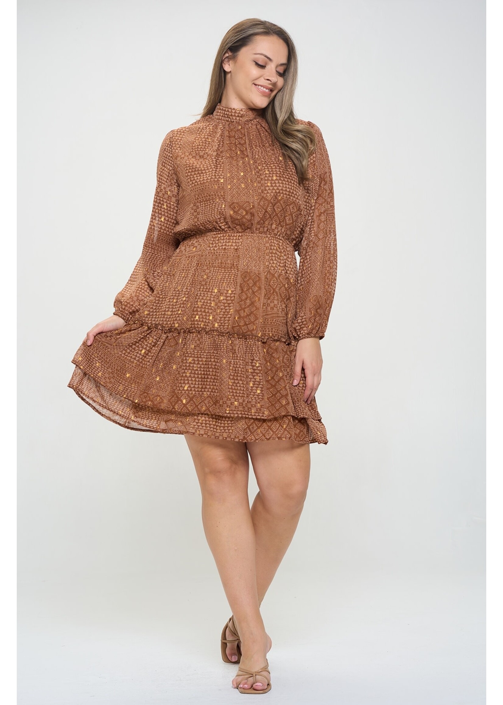 BROWN PRINTED LONG SLEEVE DRESS