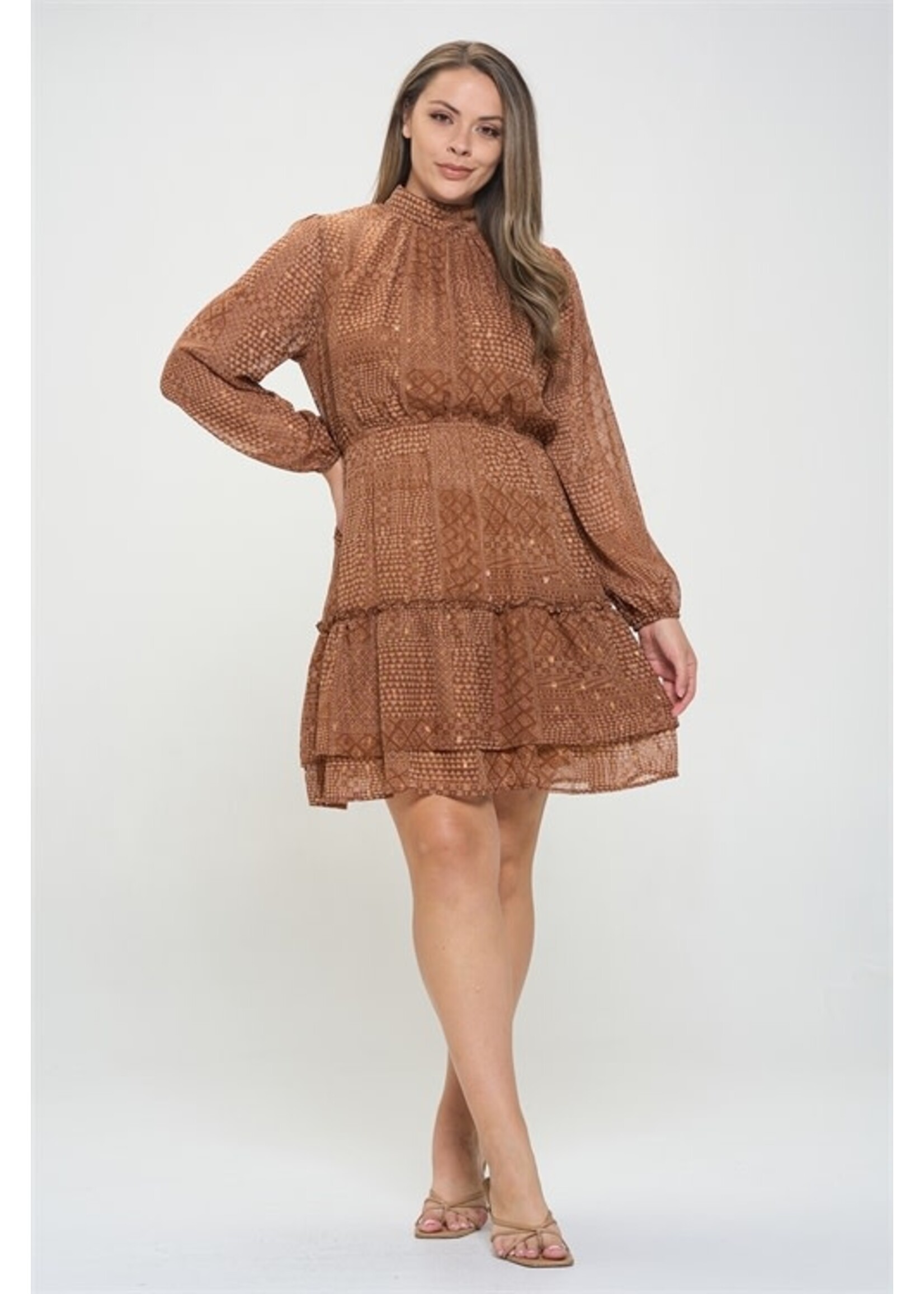 BROWN PRINTED LONG SLEEVE DRESS