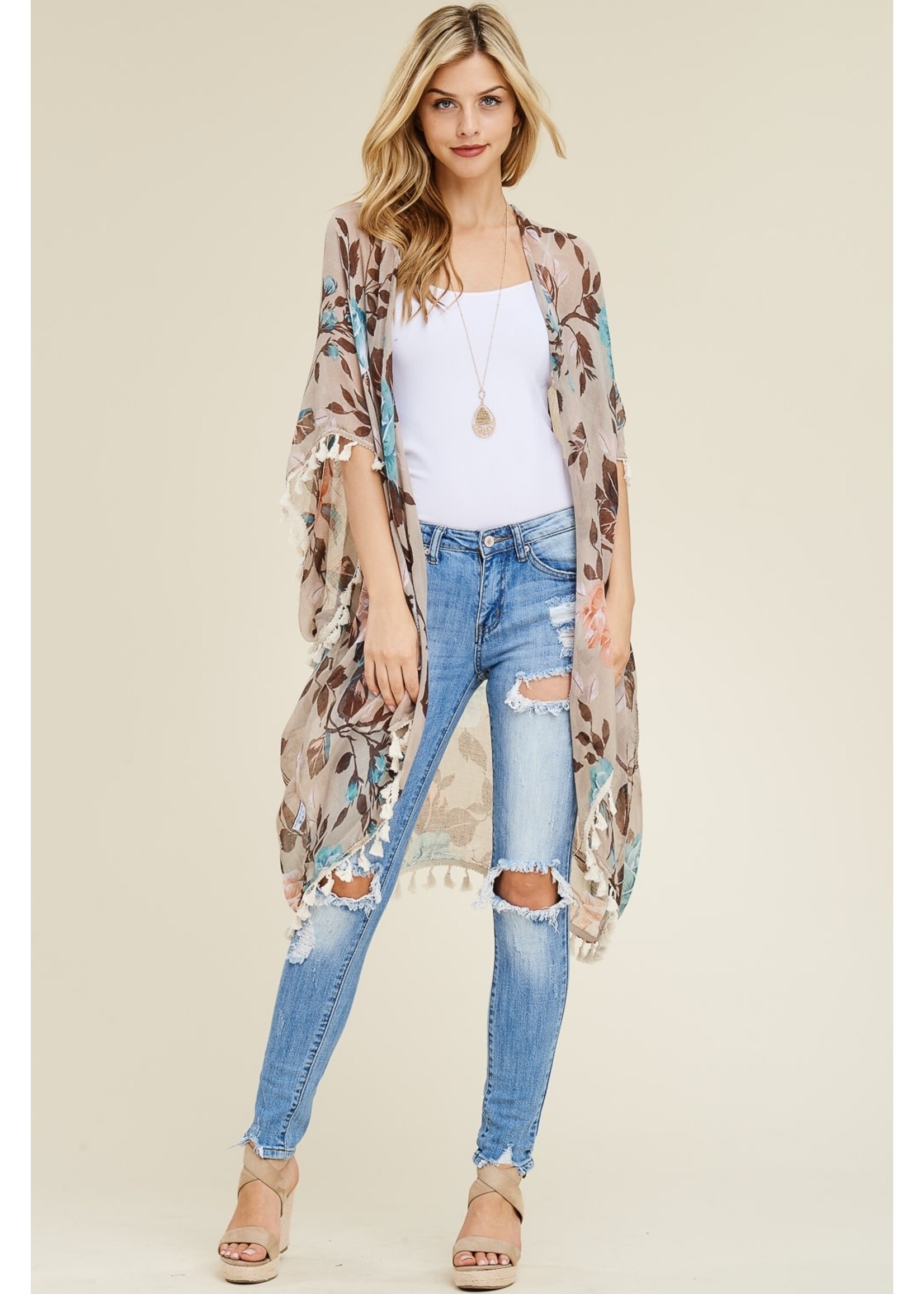 KHAKI FLORAL TASSEL CARDIGAN