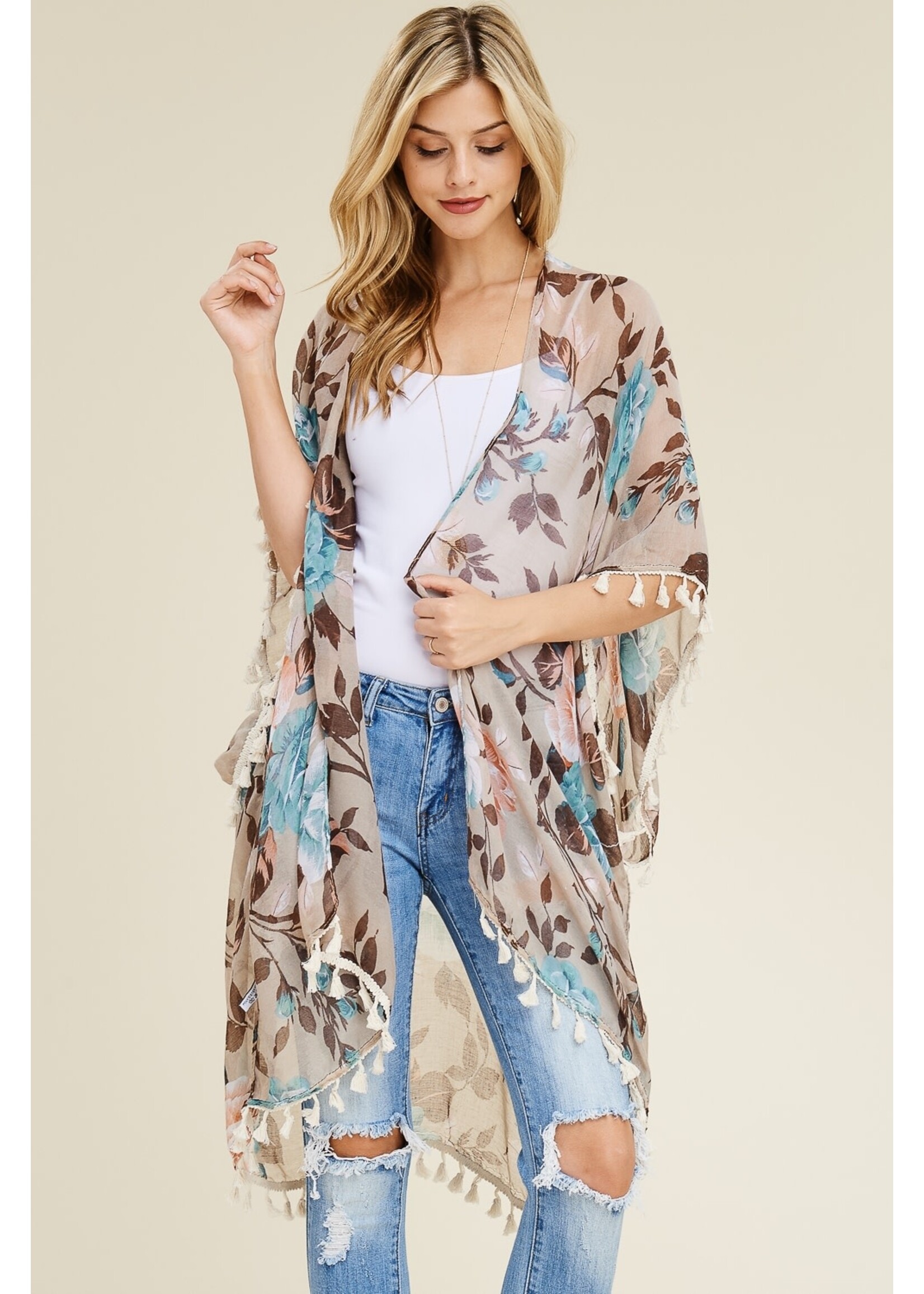 KHAKI FLORAL TASSEL CARDIGAN