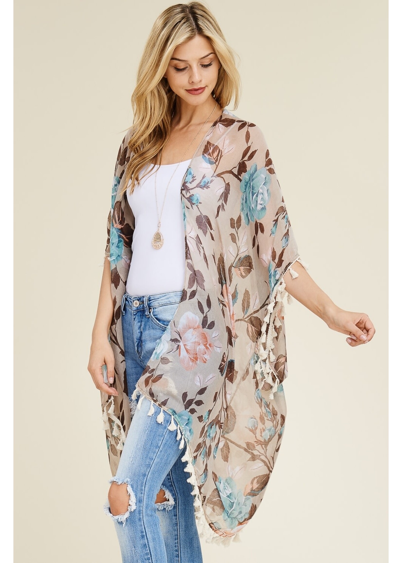 KHAKI FLORAL TASSEL CARDIGAN