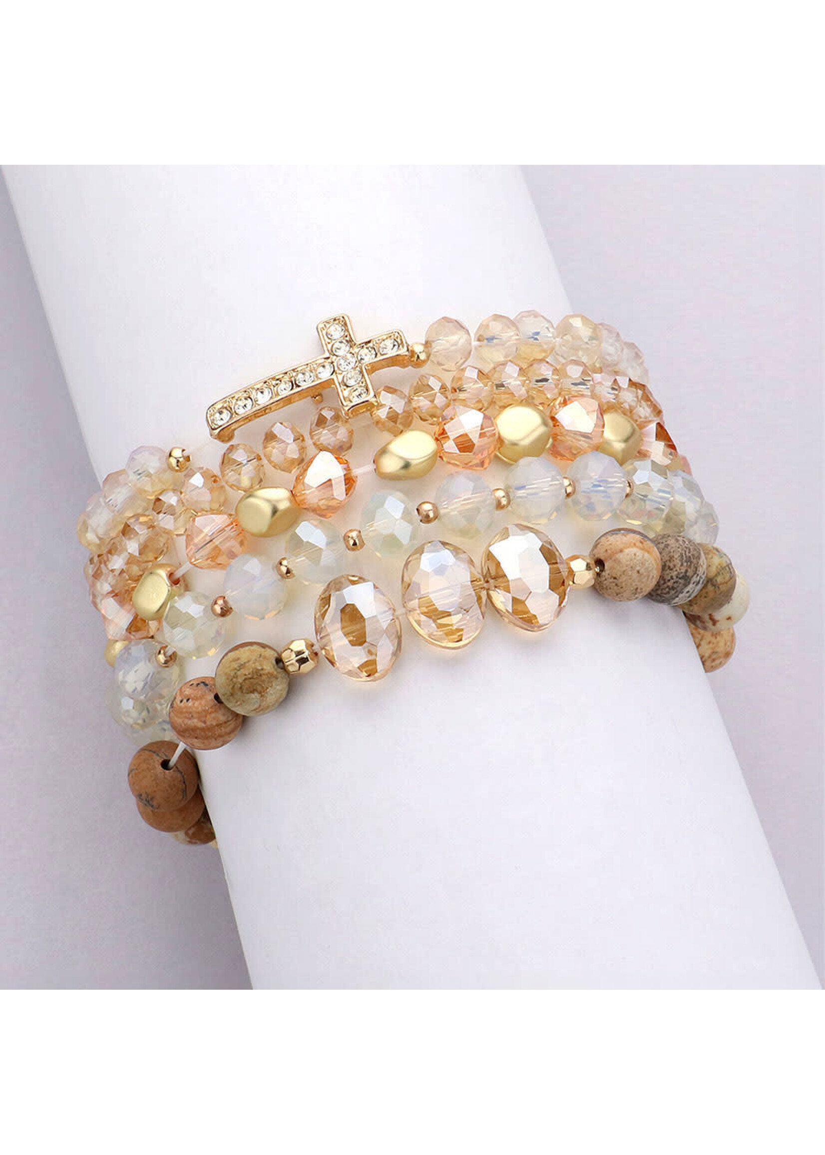 5PCS - Stone Paved Cross Pendant Pointed Faceted Beaded Multi Layered Bracelets