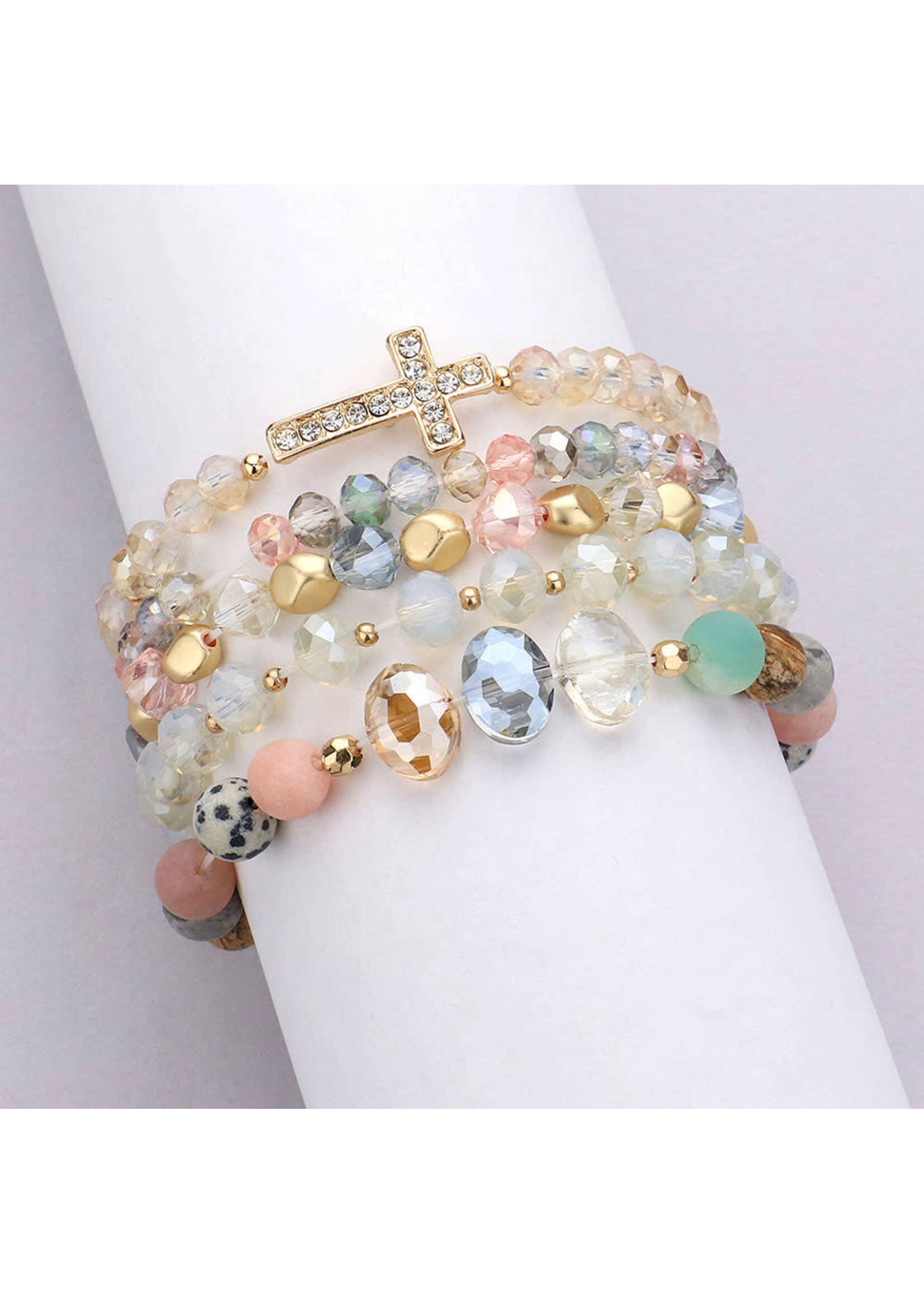 5PCS - Stone Paved Cross Pendant Pointed Faceted Beaded Multi Layered Bracelets