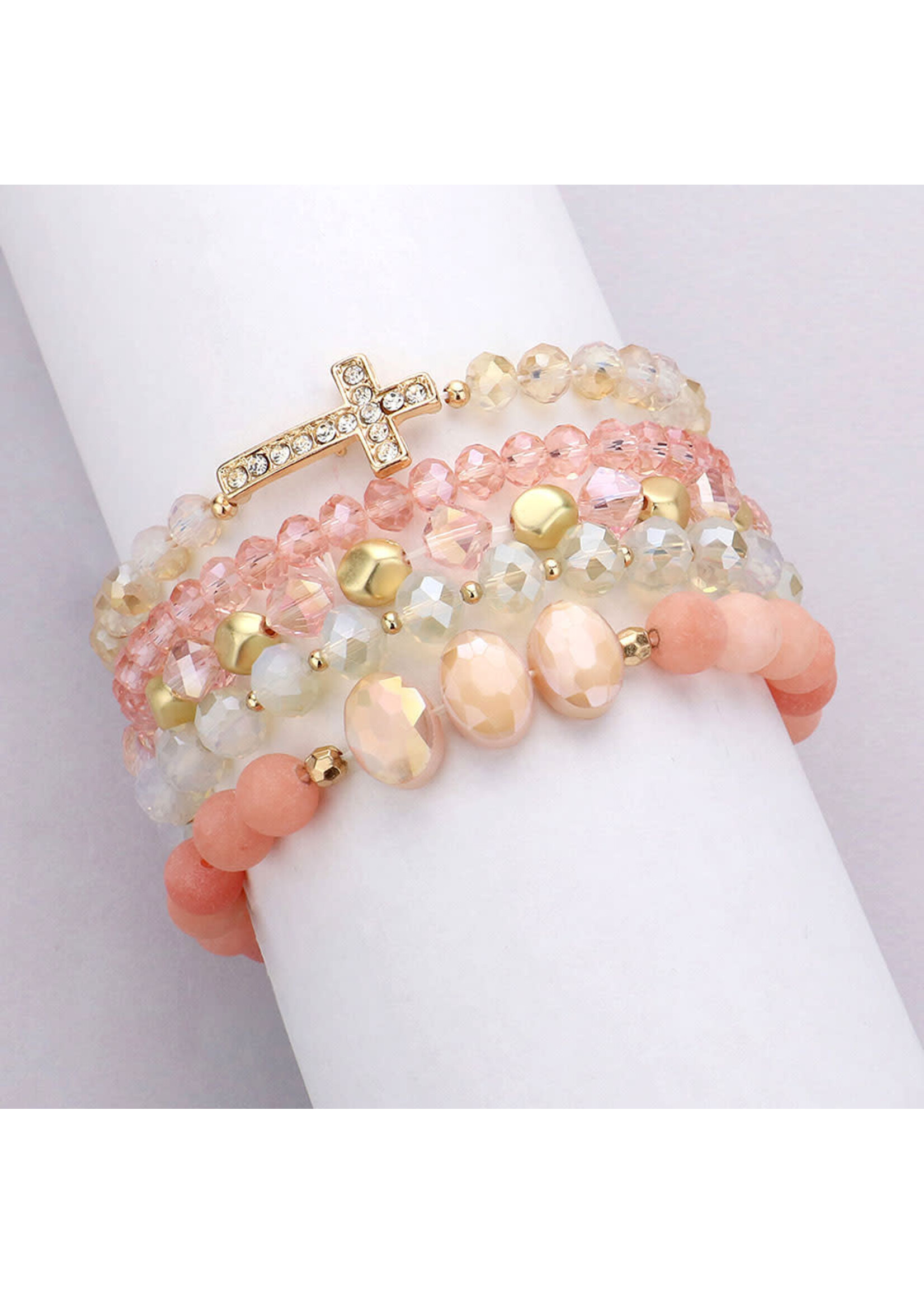 5PCS - Stone Paved Cross Pendant Pointed Faceted Beaded Multi Layered Bracelets