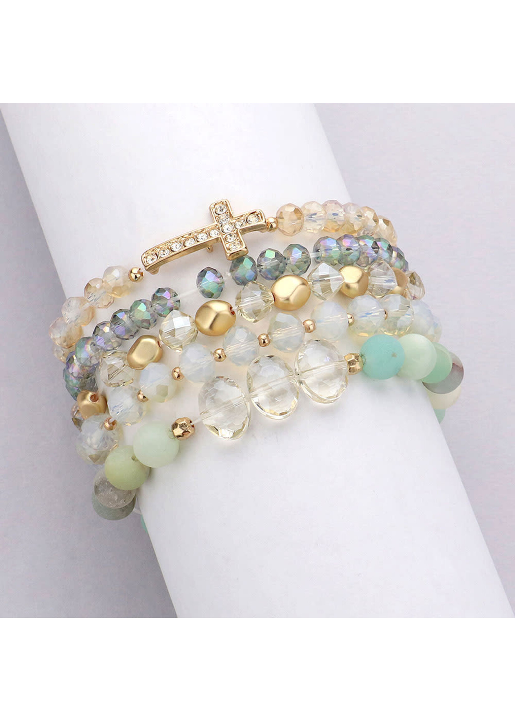 5PCS - Stone Paved Cross Pendant Pointed Faceted Beaded Multi Layered Bracelets