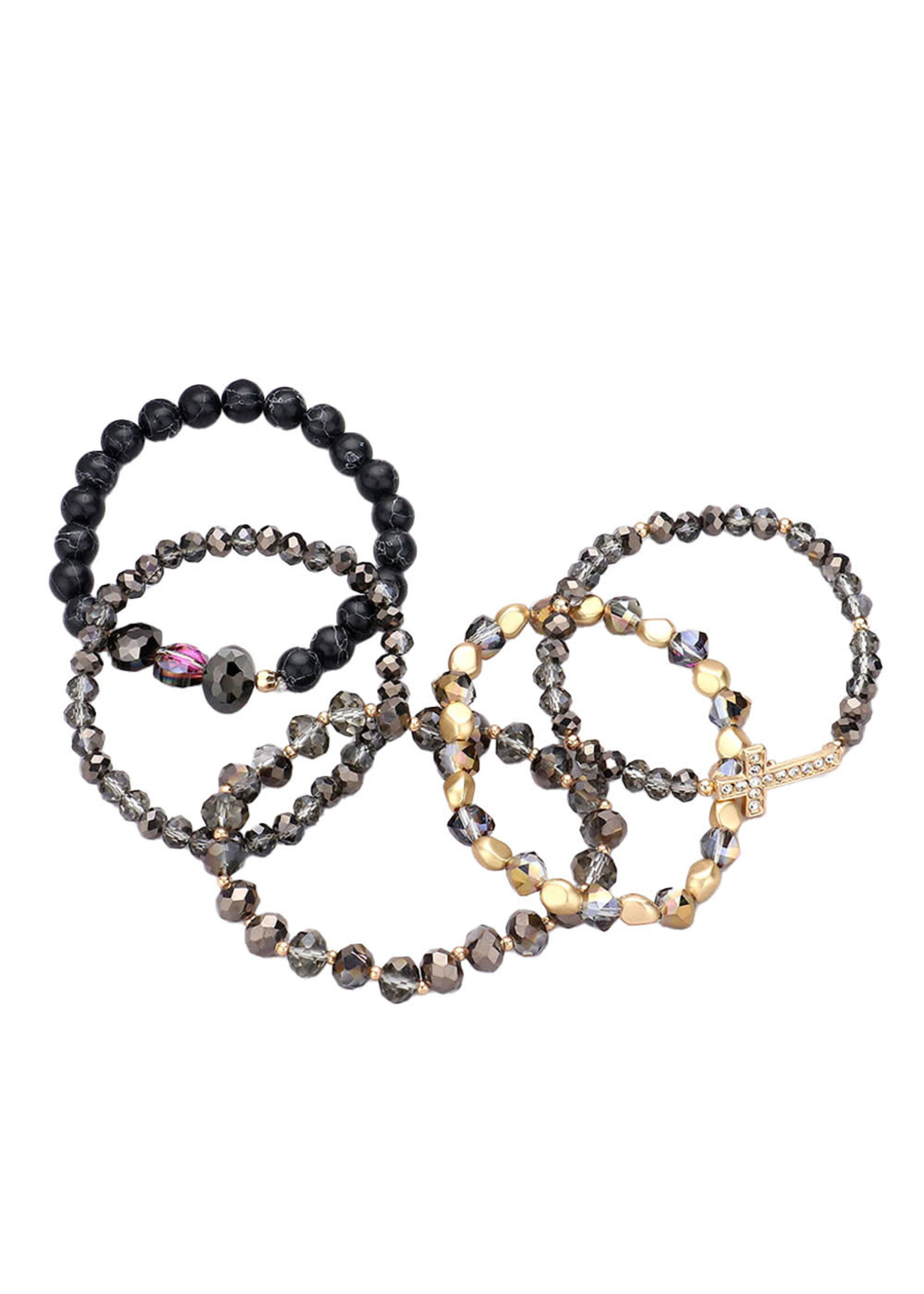 5PCS - Stone Paved Cross Pendant Pointed Faceted Beaded Multi Layered Bracelets