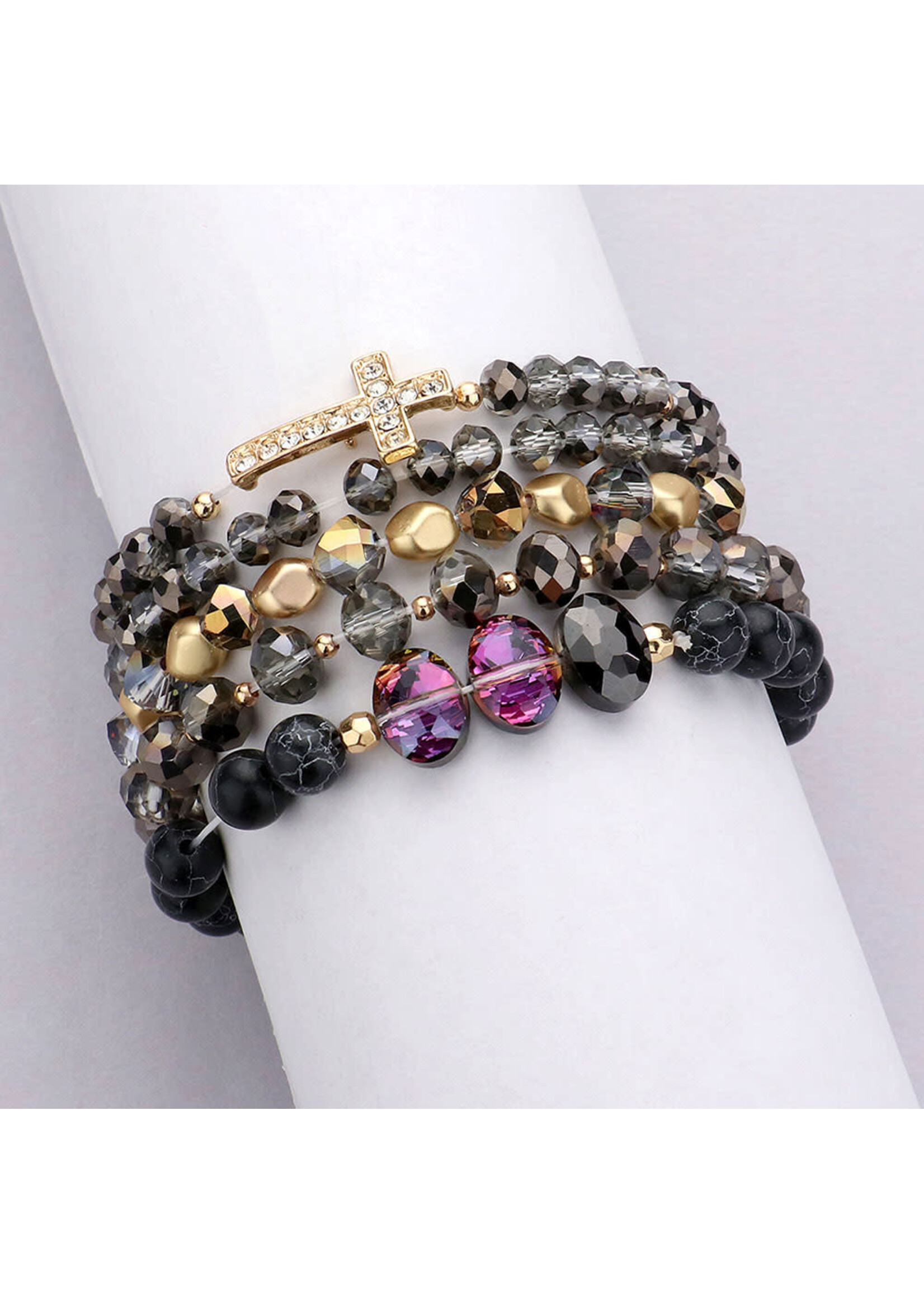 5PCS - Stone Paved Cross Pendant Pointed Faceted Beaded Multi Layered Bracelets