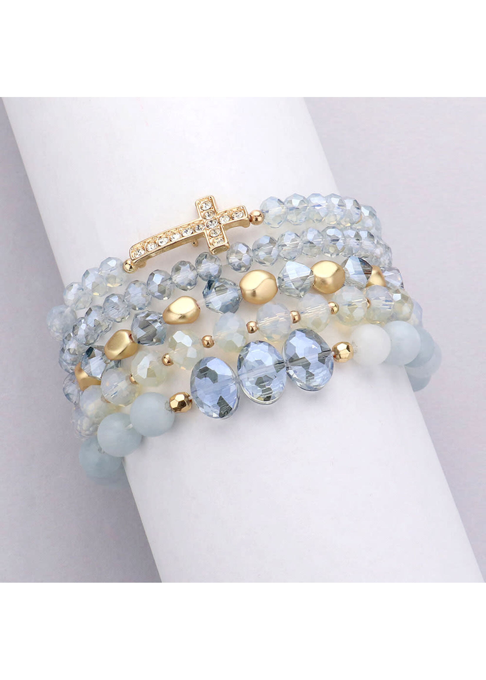 5PCS - Stone Paved Cross Pendant Pointed Faceted Beaded Multi Layered Bracelets